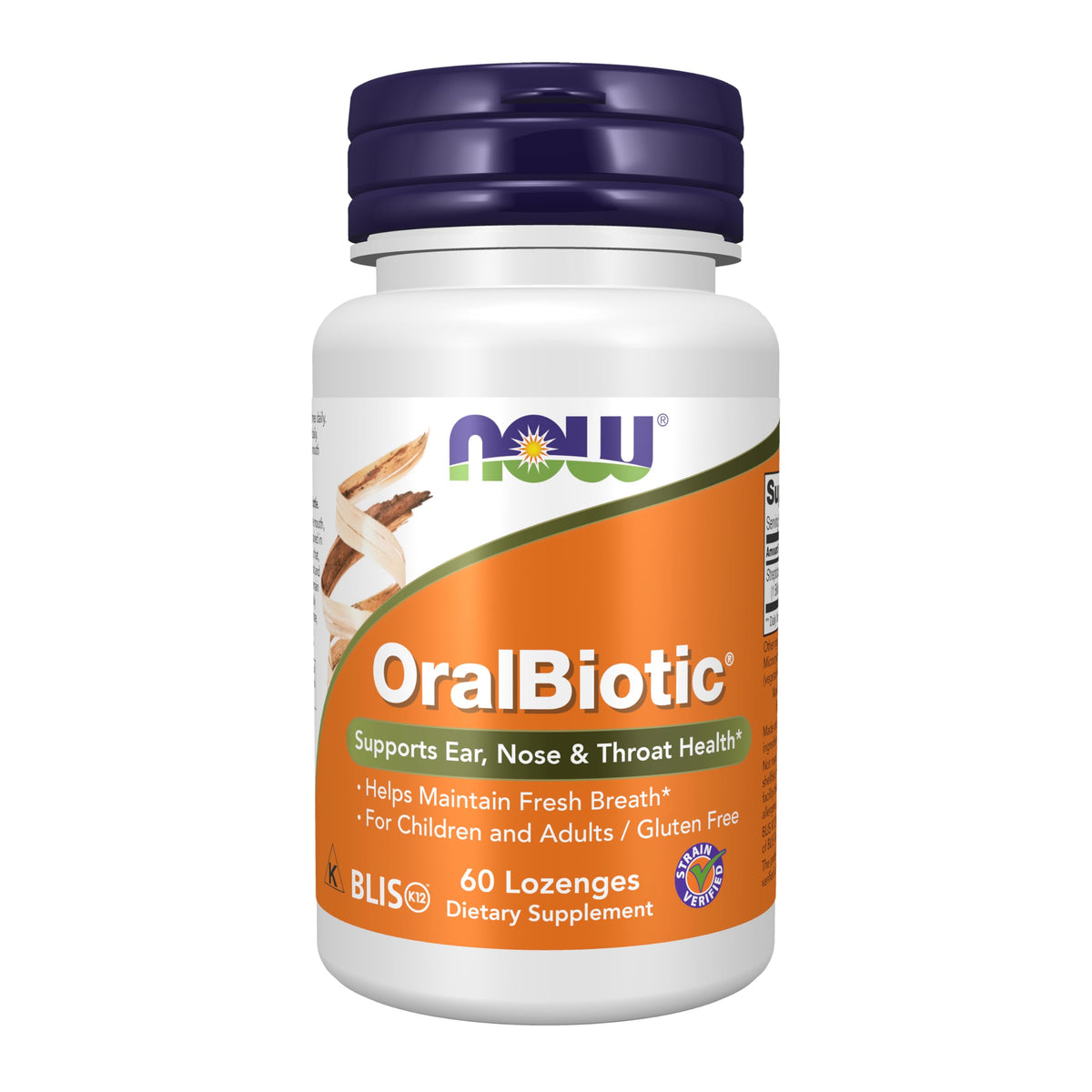 NOW Foods envase frontal mostrando OralBiotic y dosificación clara