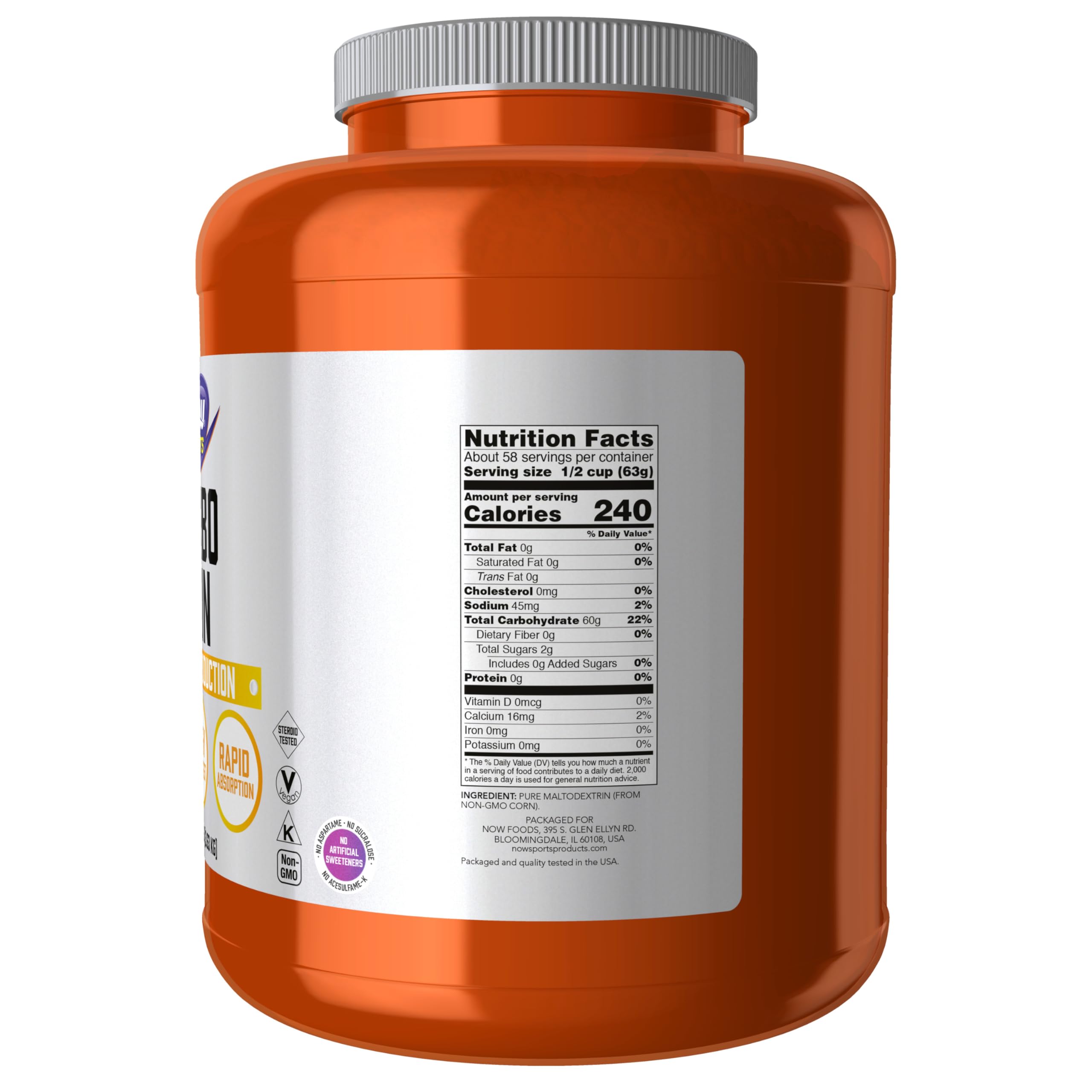Polvo de NOW Foods Carbo Gain textura fina, fácil disolución y mezcla rápida