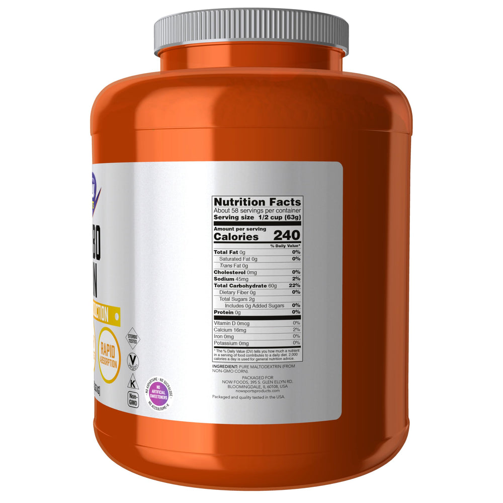 Polvo de NOW Foods Carbo Gain textura fina, fácil disolución y mezcla rápida