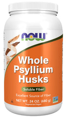 NOW Foods envase frontal de psyllium husks mostrando tamaño y marca, conveniencia
