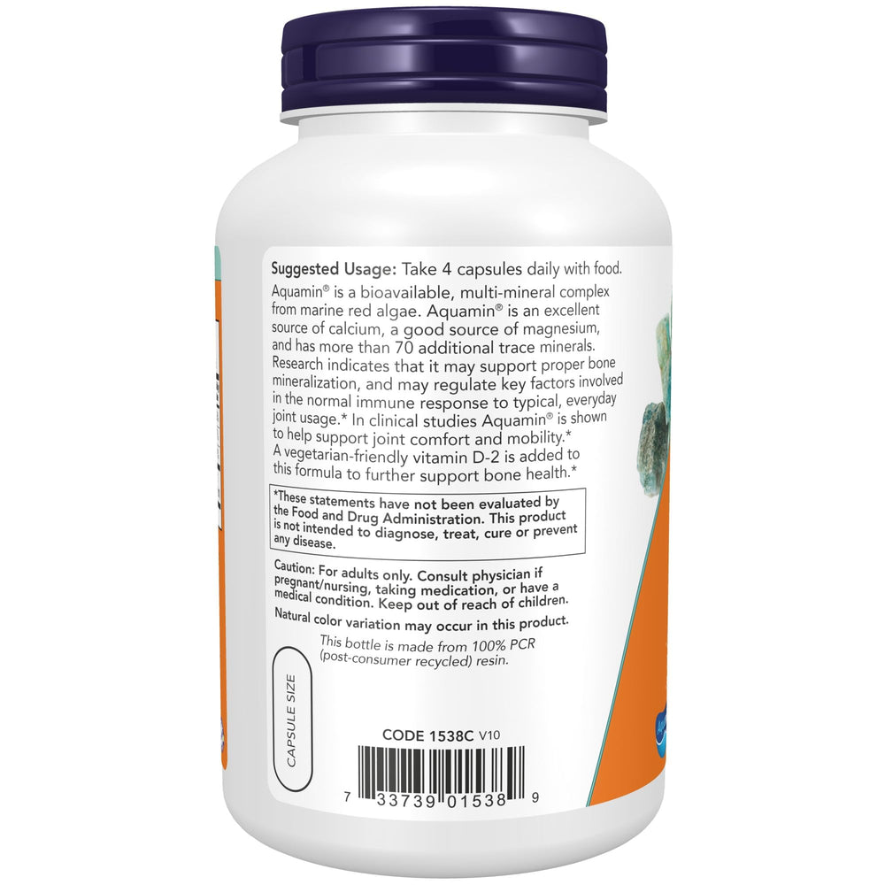 NOW Foods detalle de la etiqueta con Aquamin® y certificaciones claras