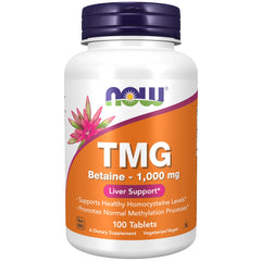 NOW Foods envase frontal TMG mostrando la marca y beneficio de soporte hepático
