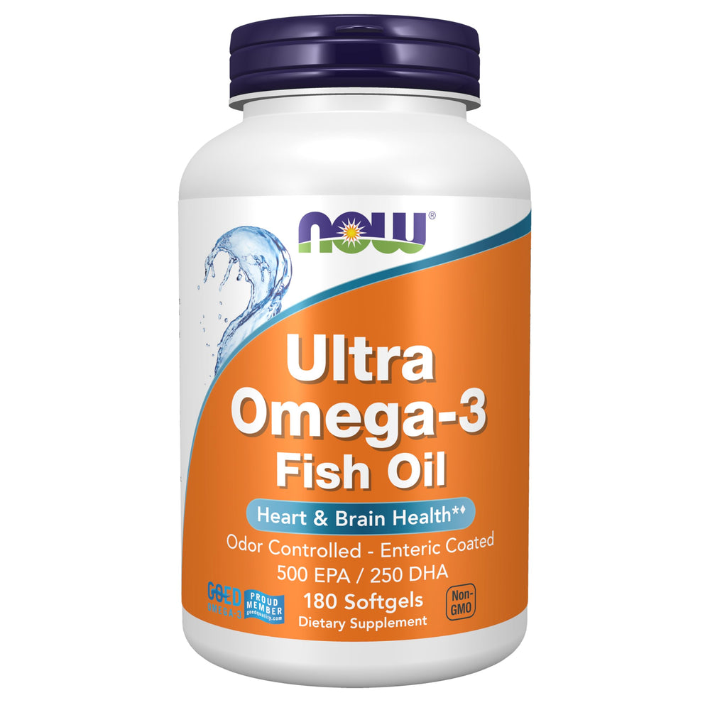NOW Foods envase frontal Ultra Omega‑3 mostrando 180 softgels y beneficio de concentración