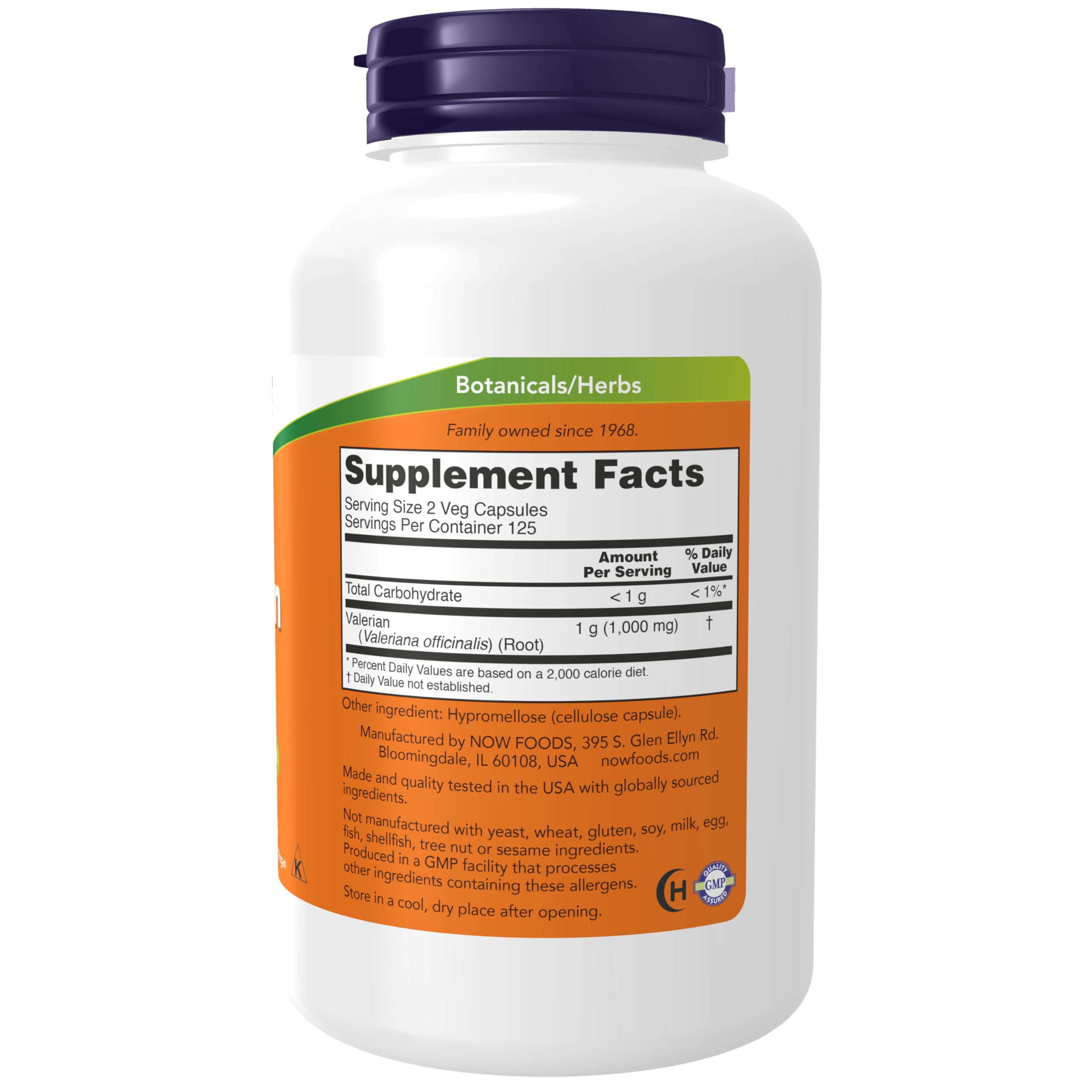 Primer plano de una cápsula vegetal NOW Foods Valerian Root destacando su formato vegano