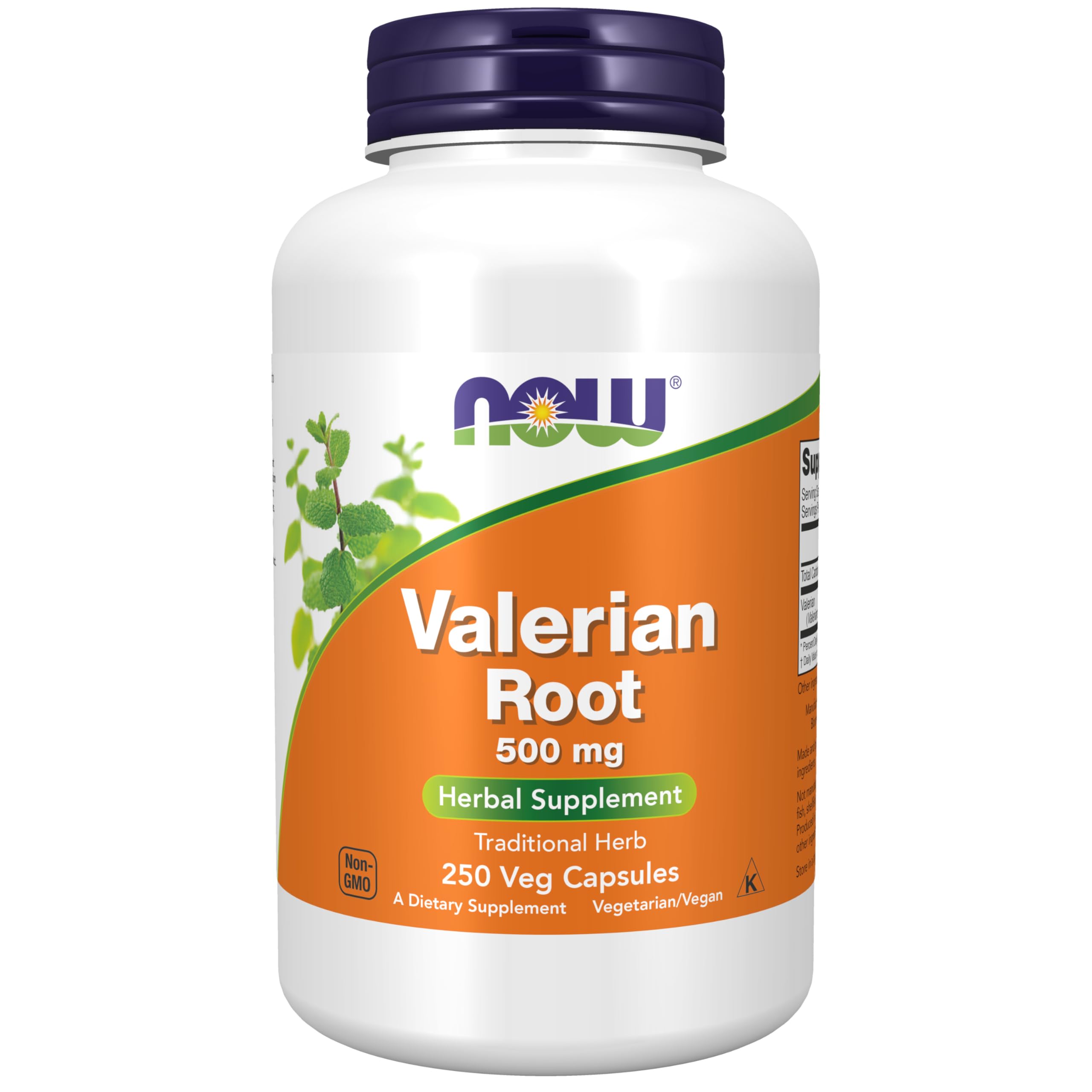 NOW Foods frasco frontal del suplemento Valerian Root mostrando etiqueta clara y 250 cápsulas