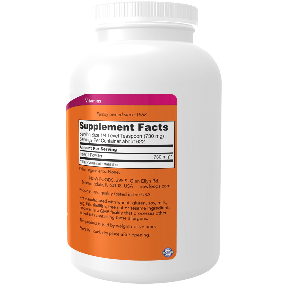 Polvo de inositol NOW Foods en primer plano que muestra textura fina y pureza