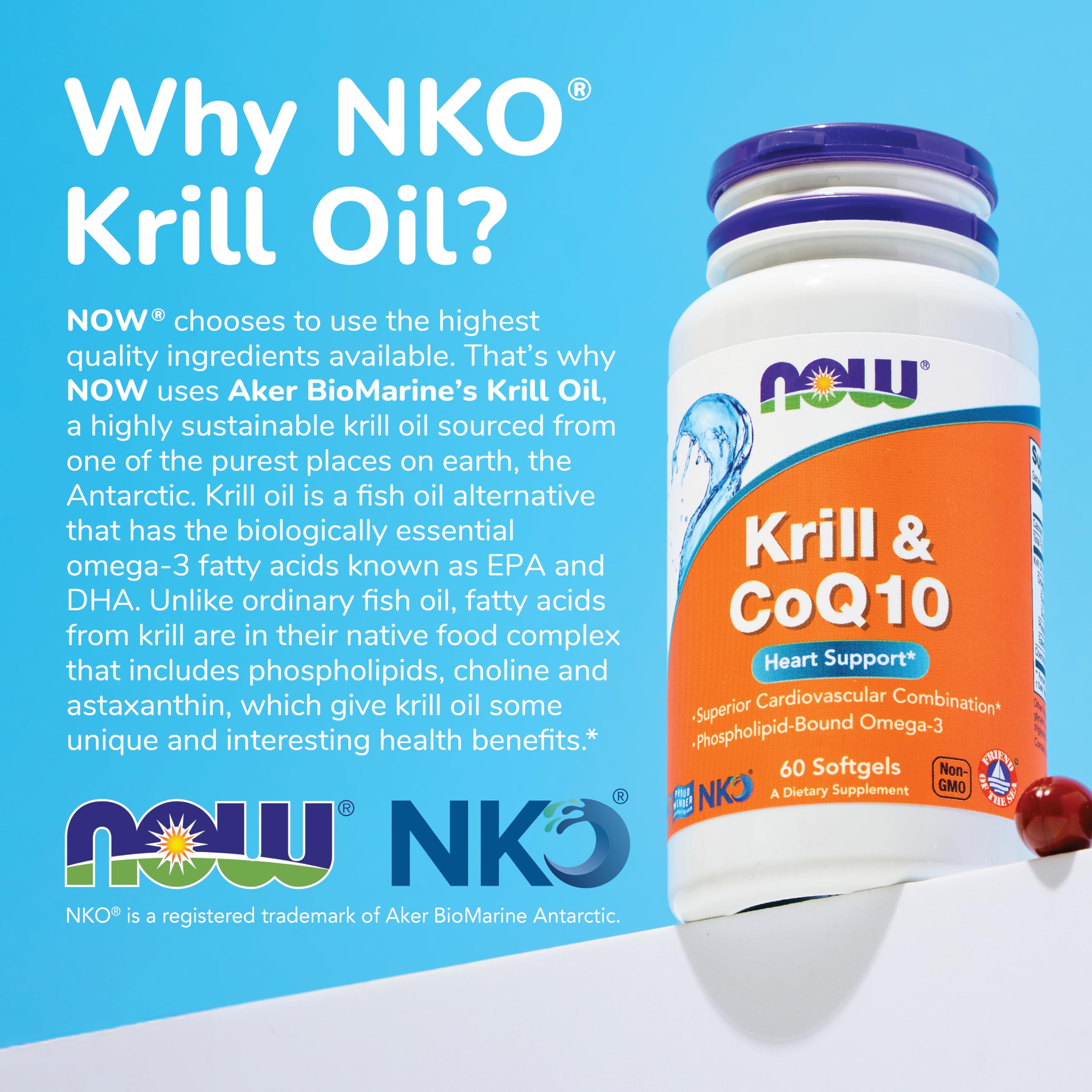 NOW Krill Oil cápsula en la mano para visualizar tamaño y comodidad de uso