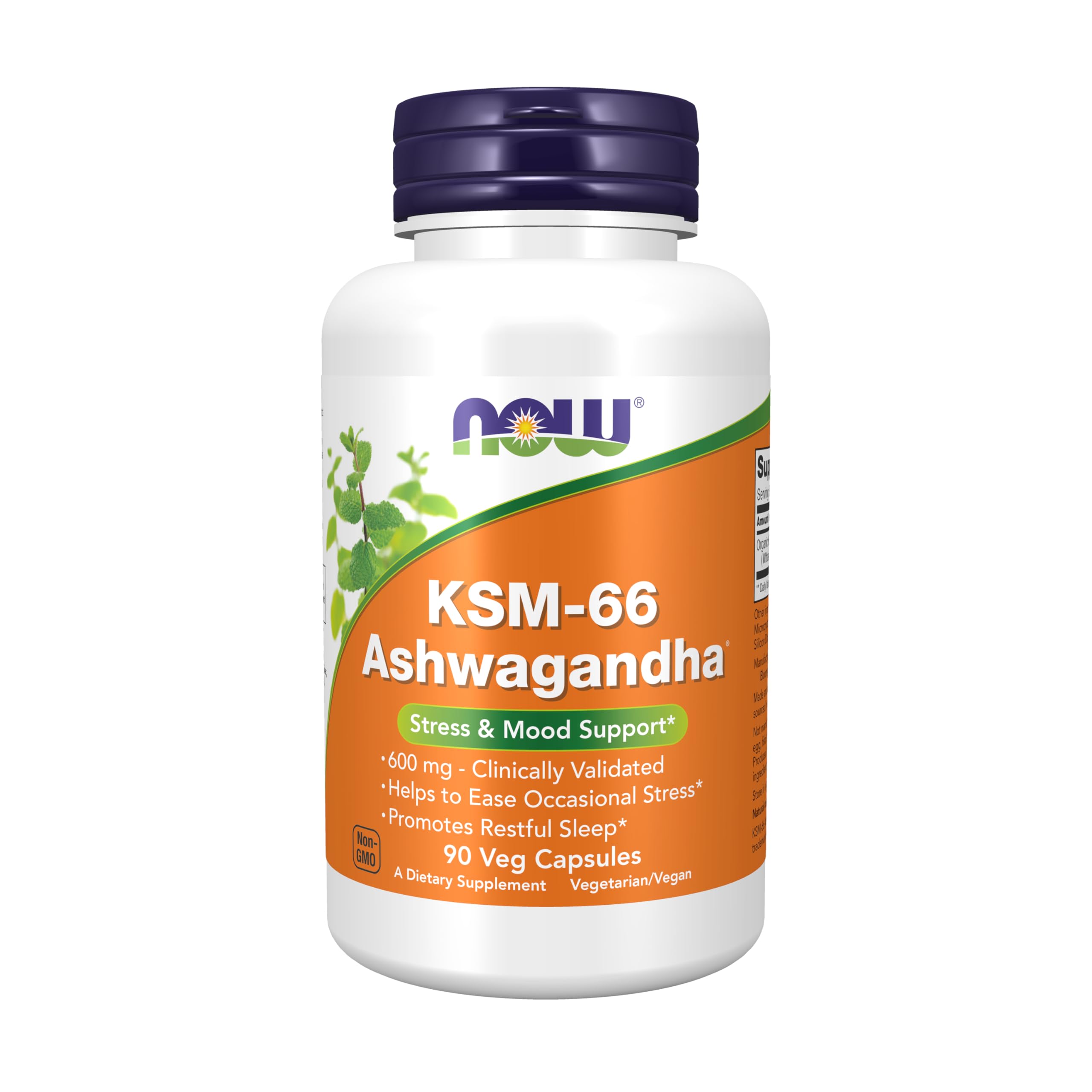 NOW Foods envase frontal del KSM-66 Ashwagandha mostrando 90 cápsulas y beneficios
