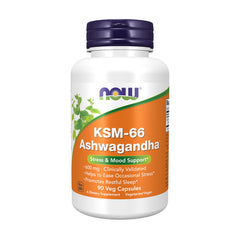 NOW Foods envase frontal del KSM-66 Ashwagandha mostrando 90 cápsulas y beneficios