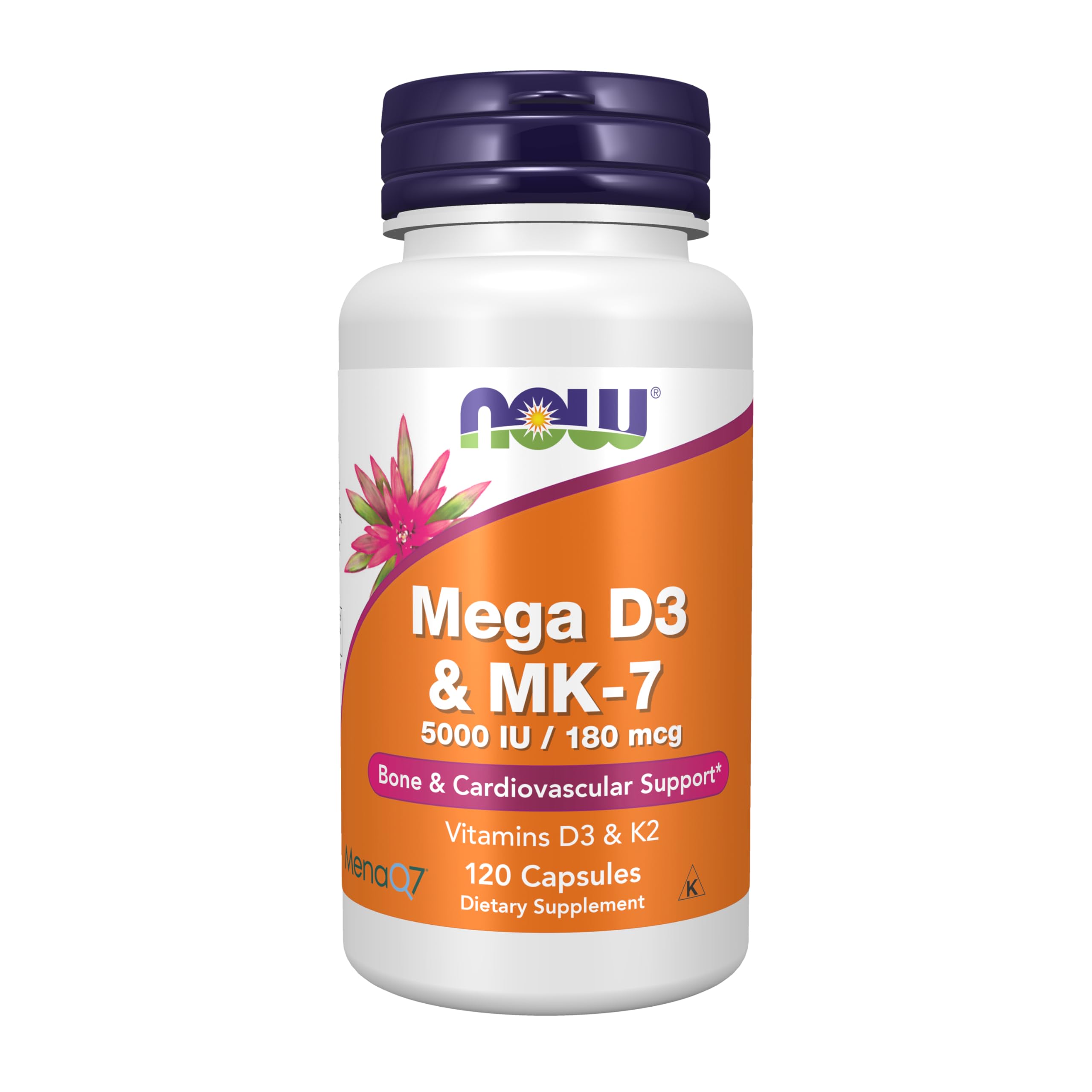 NOW Foods Mega D-3 & MK-7 front packaging showing bottle and branding for clarity