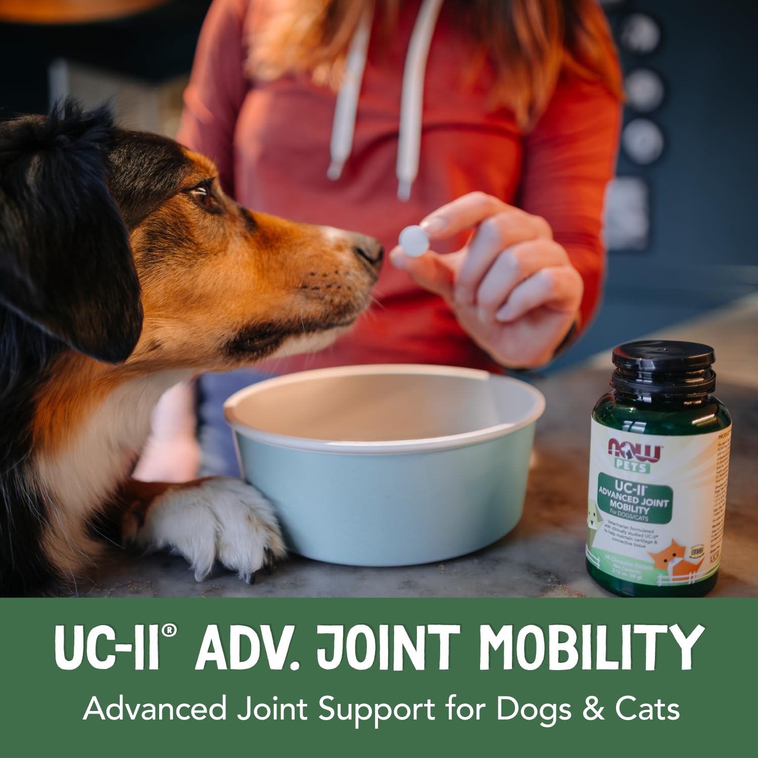NOW Pets caja con ficha de ingrediente UC‑II® y detalles de formulación