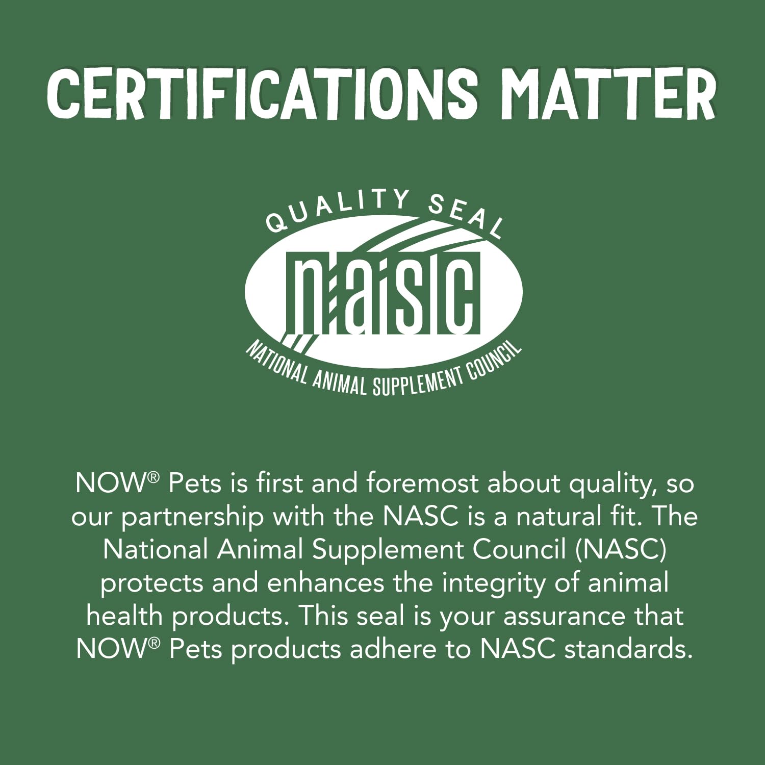 NOW Pets etiqueta con certificación NASC, garantía de calidad