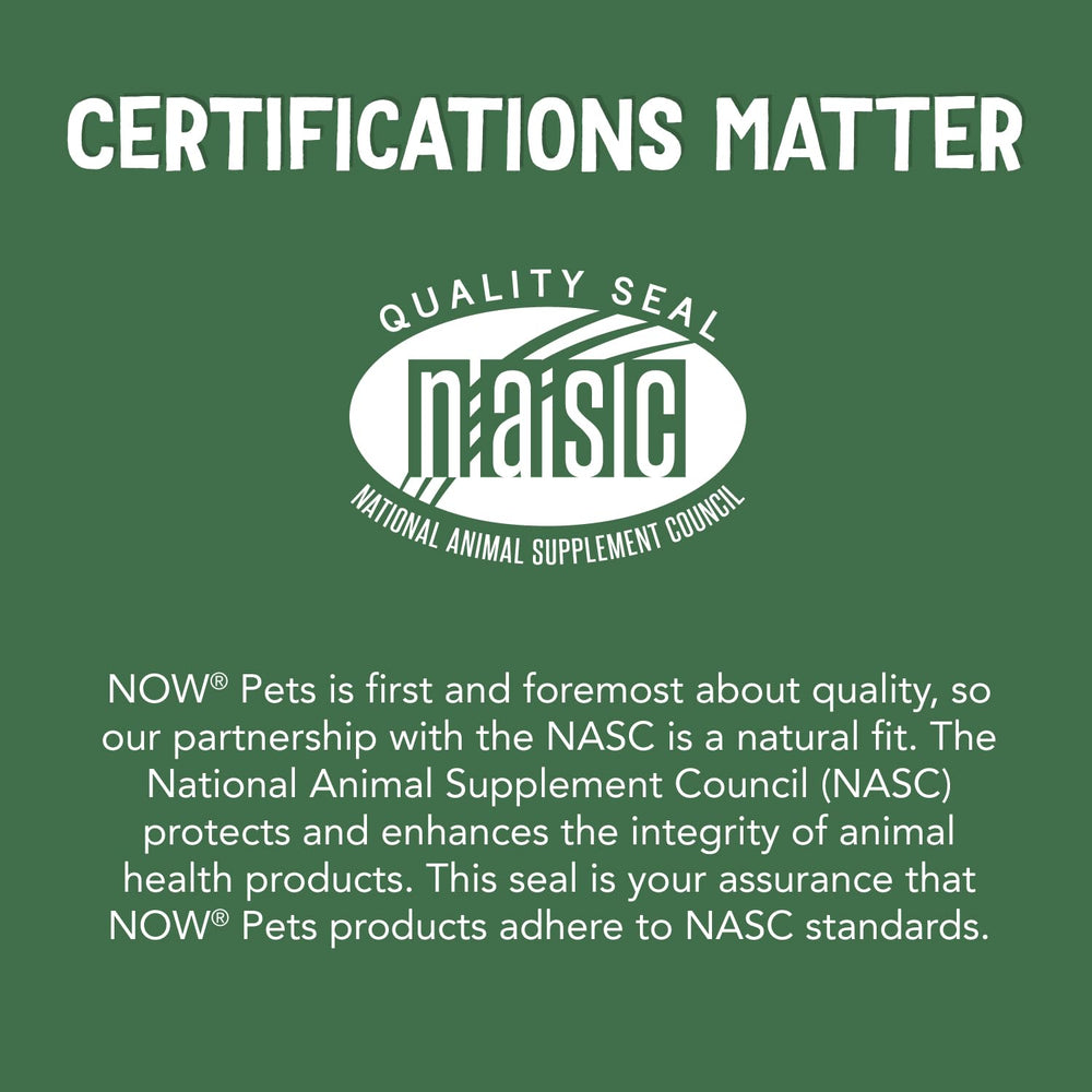 NOW Pets etiqueta con certificación NASC, garantía de calidad