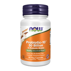 NOW Foods envase frontal mostrando Probiotic-10 y 50 mil millones UFC