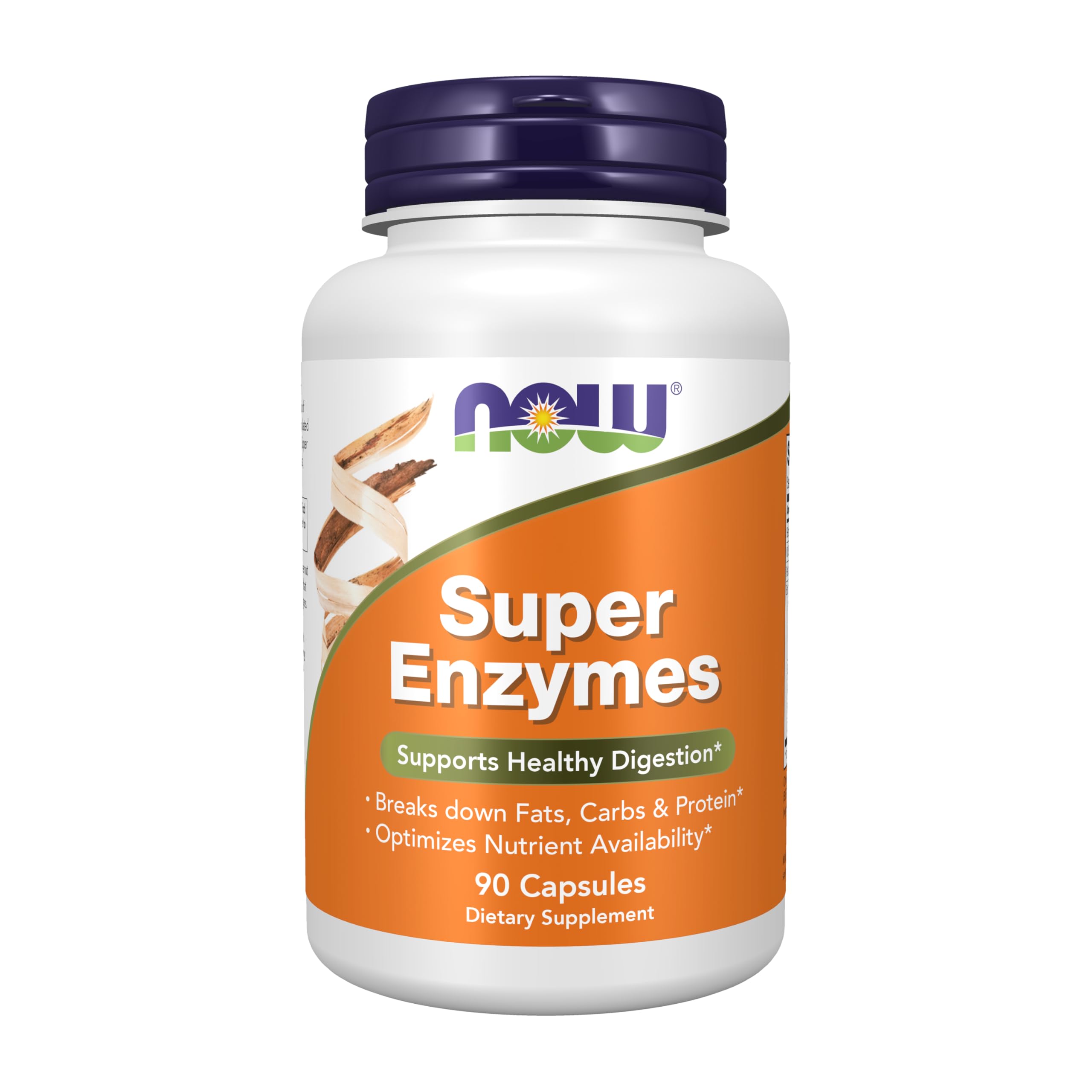 NOW Super Enzymes frontal del envase mostrando 90 cápsulas y sello de calidad
