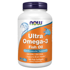 NOW Foods frasco frontal mostrando 180 softgels y etiqueta clara