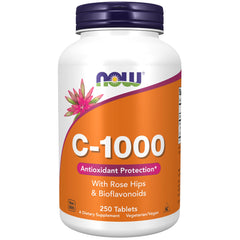 NOW Vitamin C muestra frontal del envase con información de 250 tabletas y beneficios