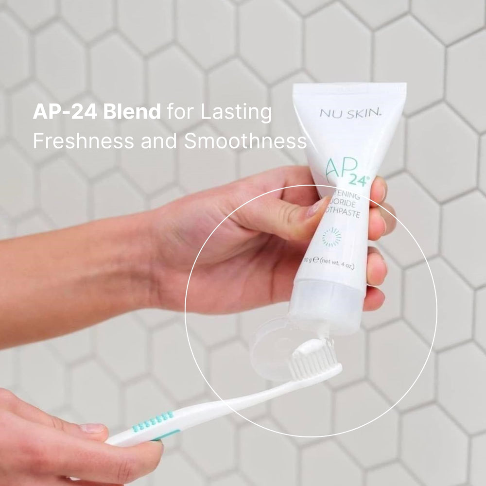 Nu Skin pasta dental en baño indicando uso diario y frescura