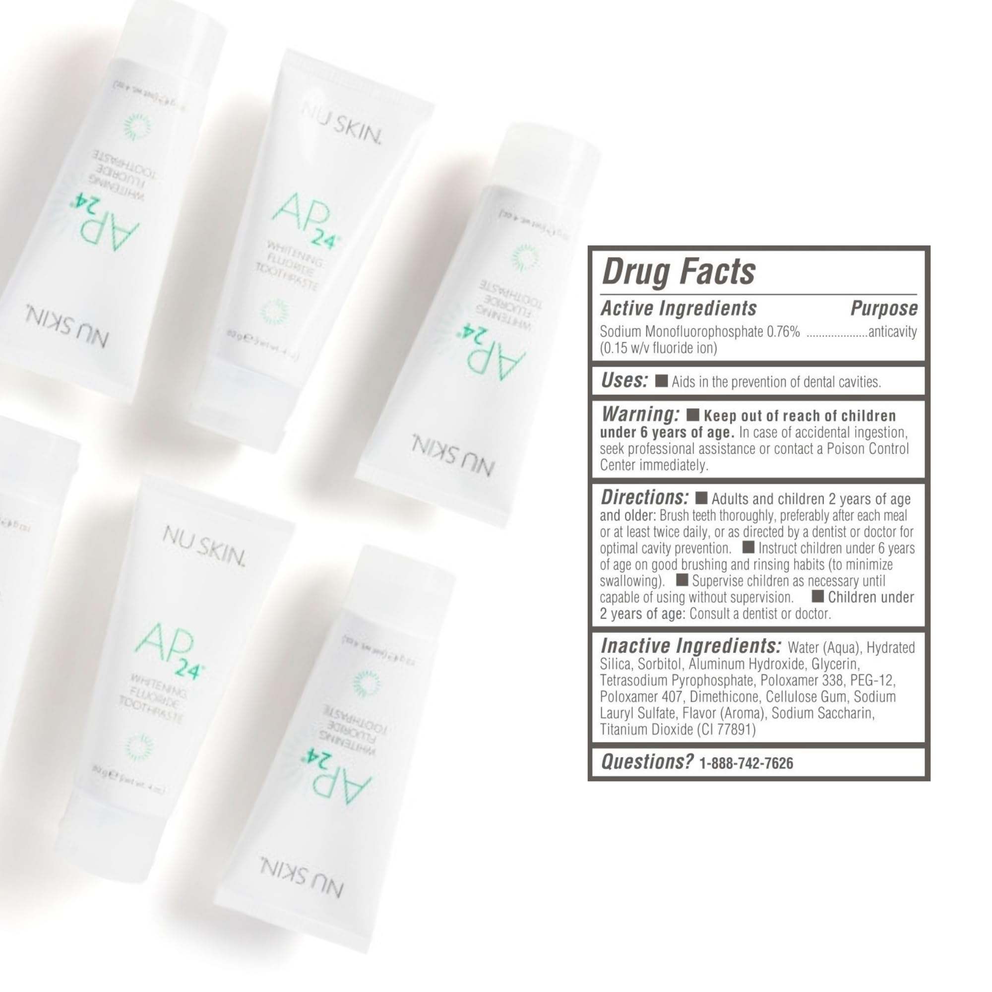 Nu Skin etiqueta con ingredientes y beneficio protección con flúor