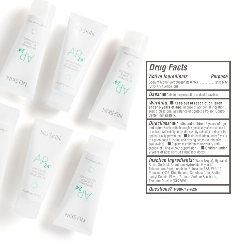 Nu Skin etiqueta con ingredientes y beneficio protección con flúor