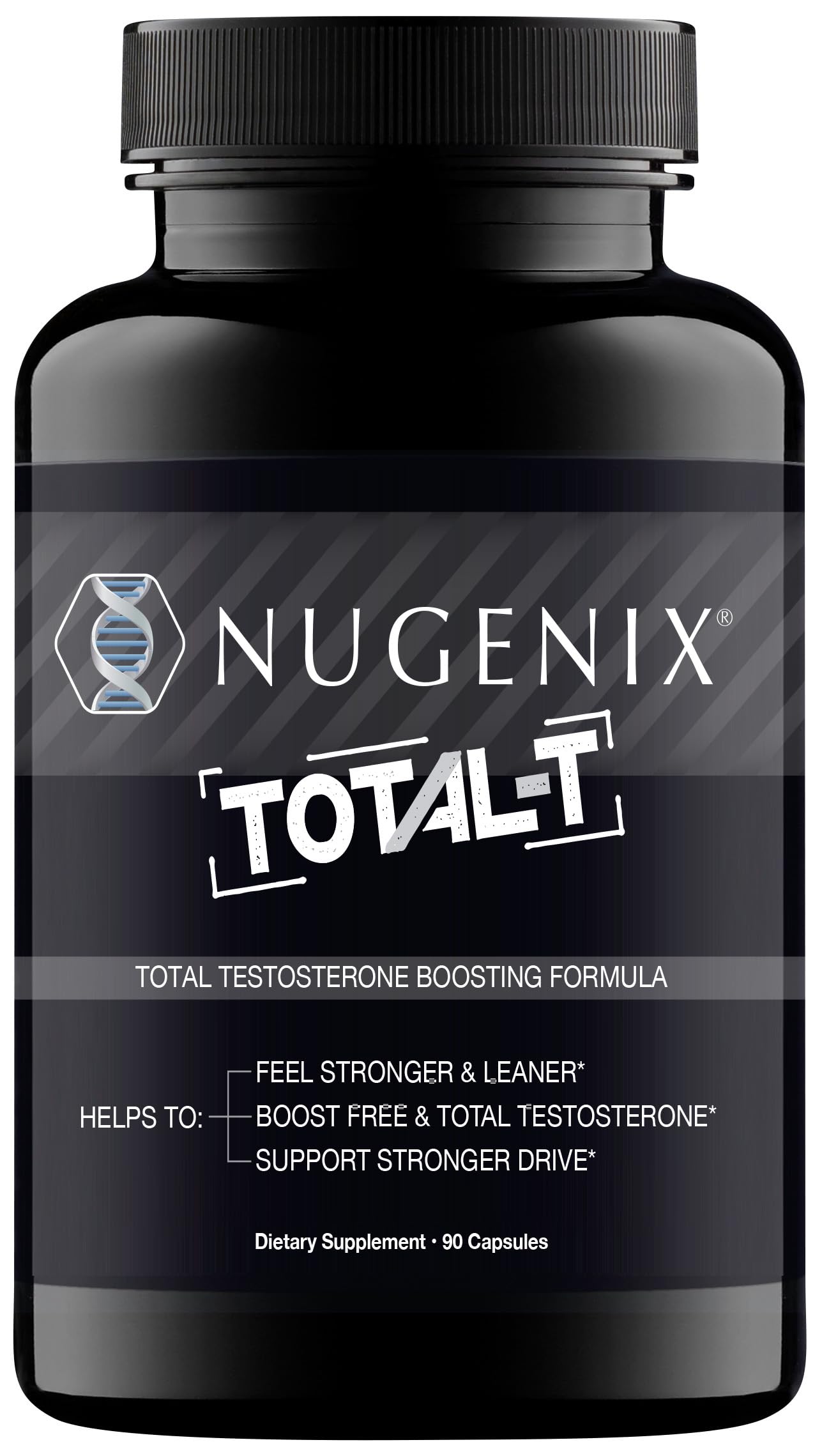 Nugenix Total-T vista frontal mostrando el envase y beneficios de energía
