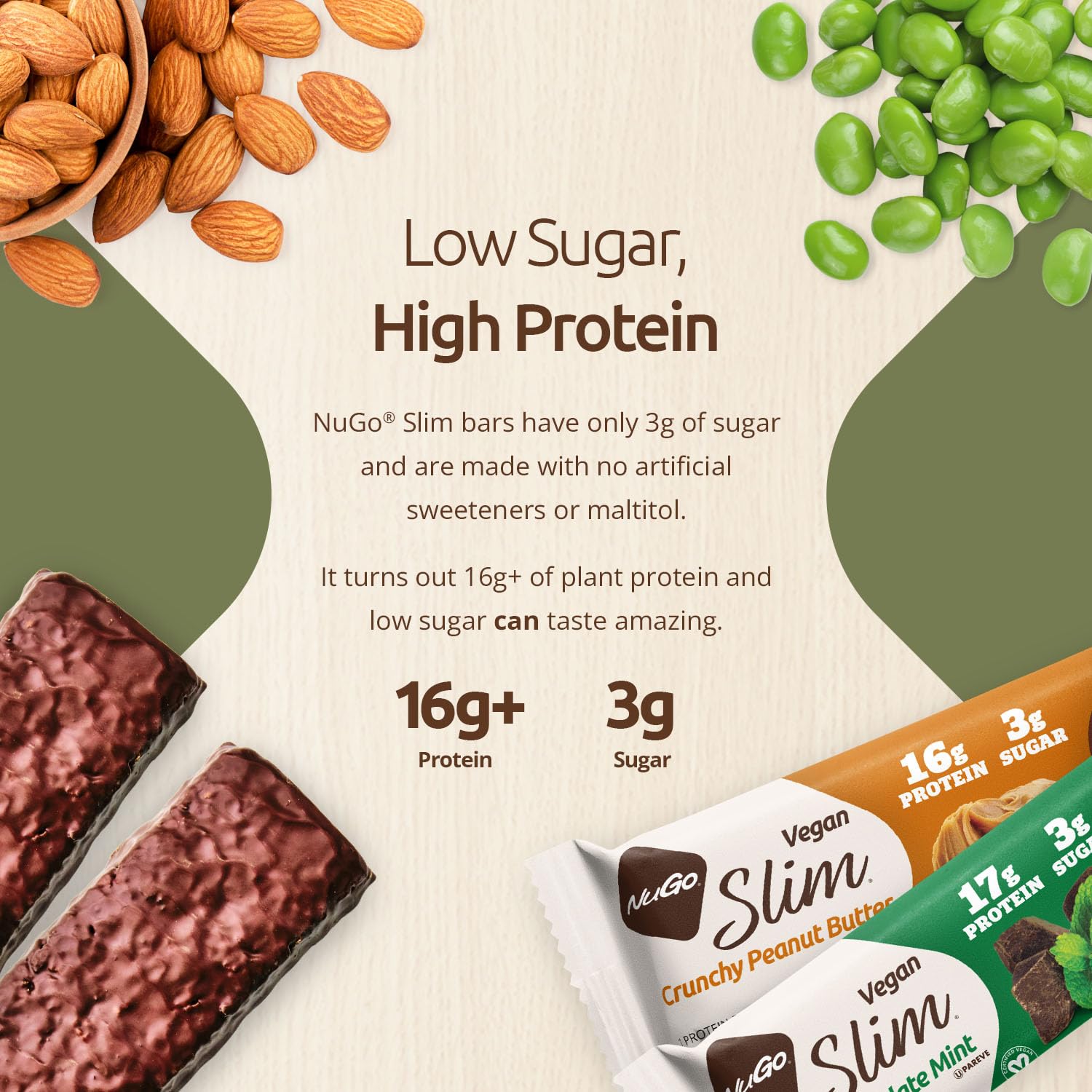 NuGo Slim barra empaquetada mostrando sello vegano y bajo azúcar