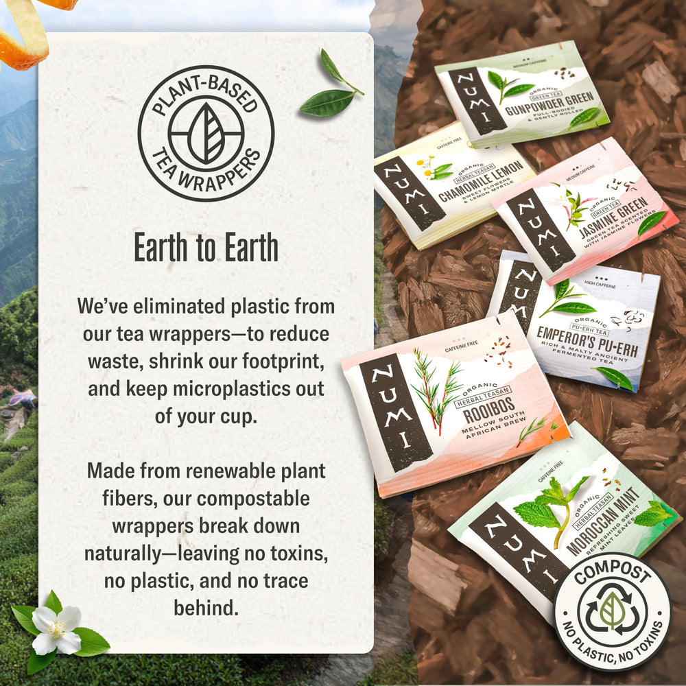 Numi etiqueta con sellos Organic y Fair Trade, evidencia responsabilidad social