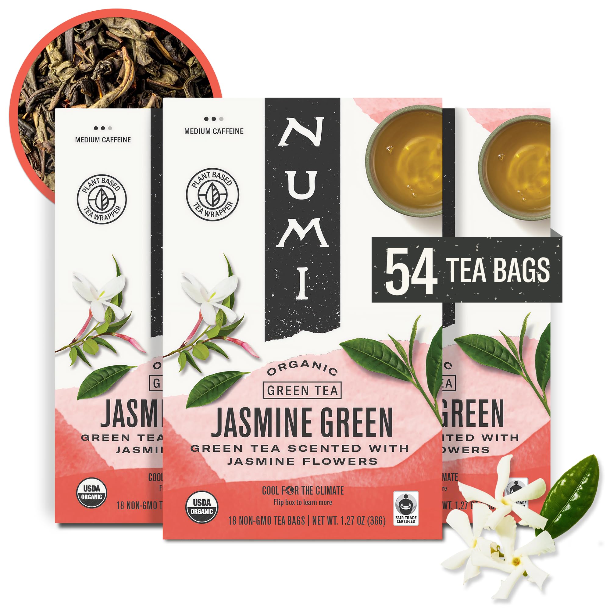 Numi empaquetado frontal con jazmín, muestra compromiso orgánico y aroma real