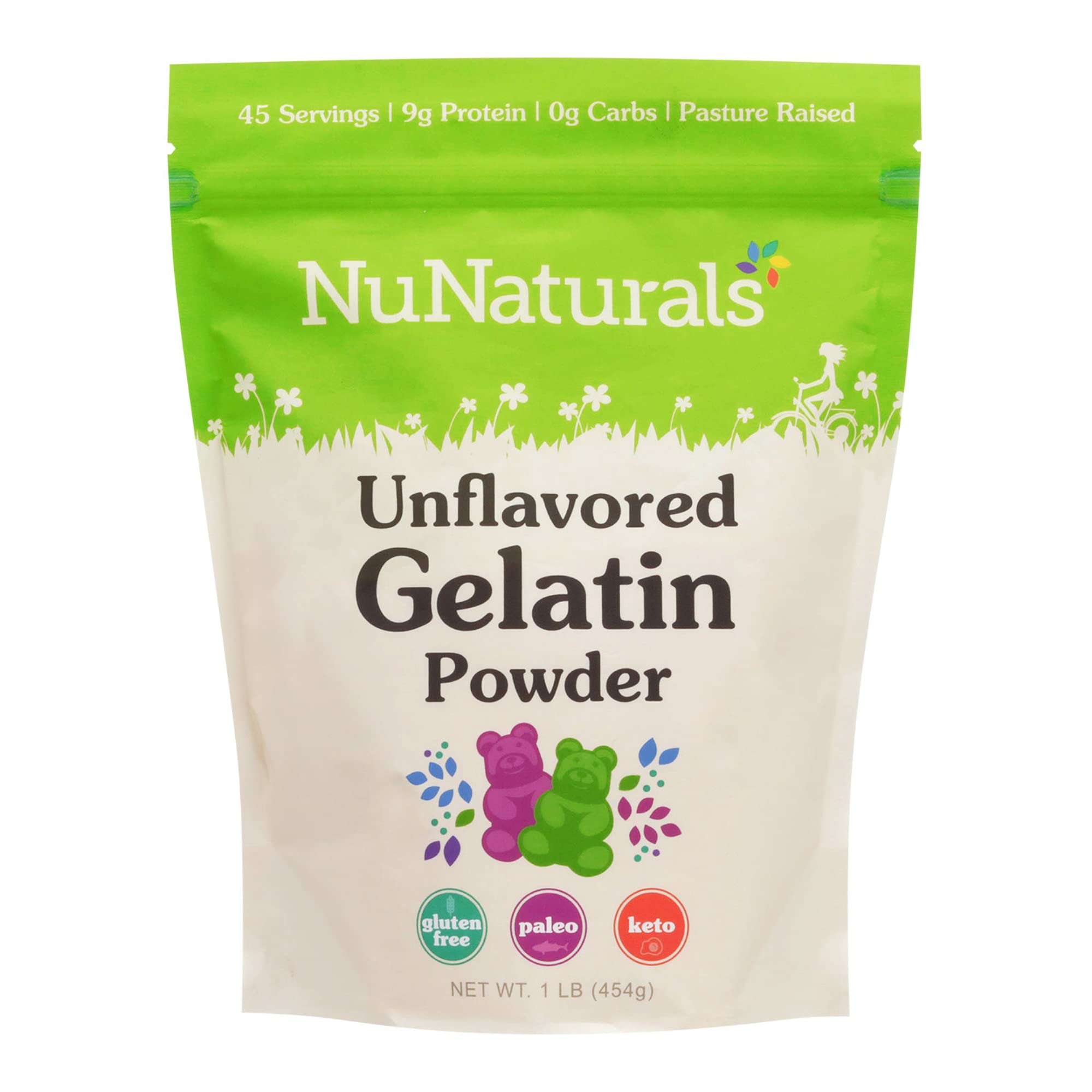 NuNaturals front packaging showing 1 lb gelatin and clear ingredient list benefit
