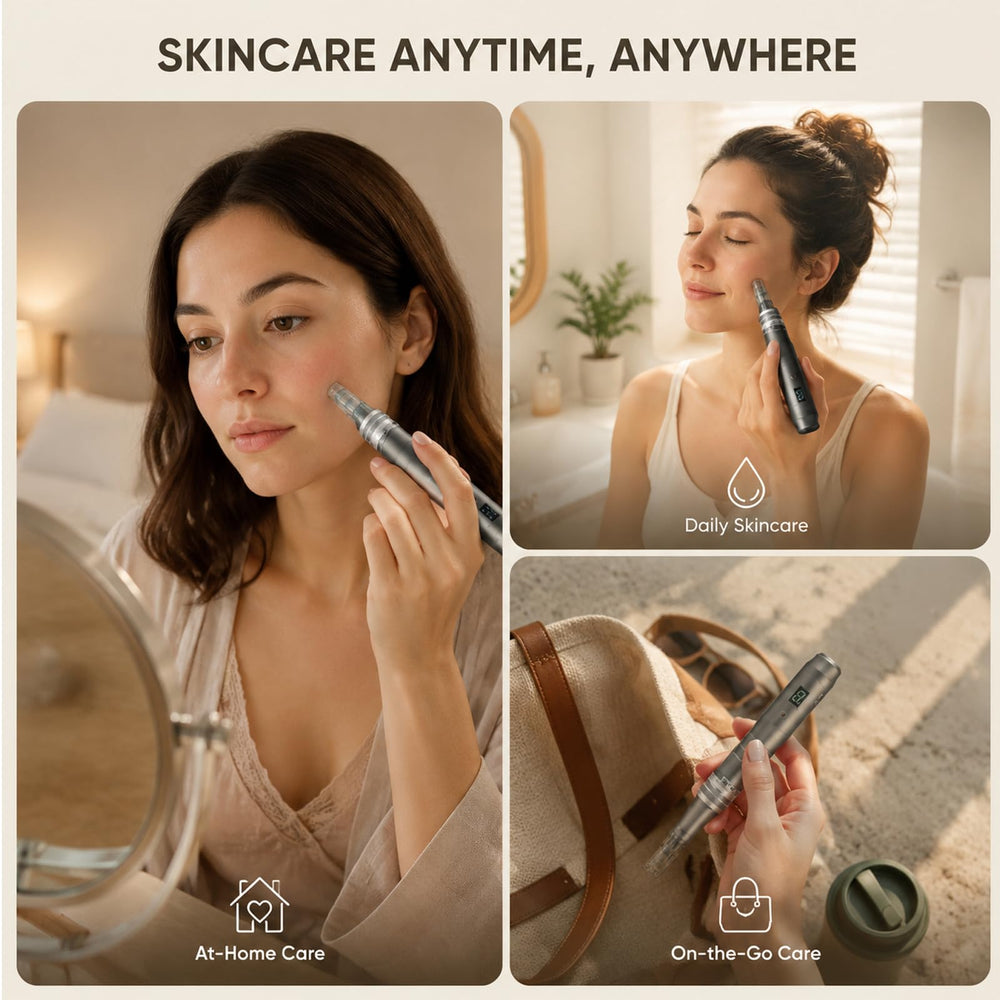 Nurself Dr Pen M8 colocado en tocador entre productos de belleza para rutina nocturna práctica