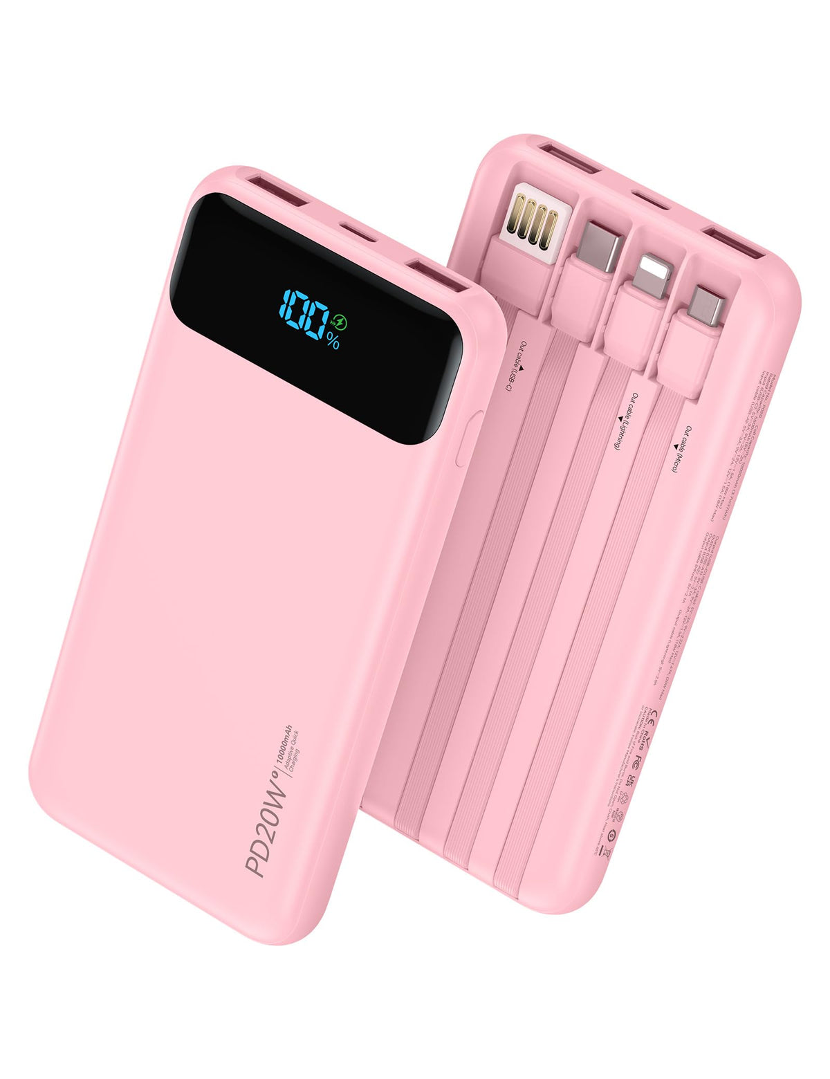 Nusyddy vista frontal del cargador rosa mostrando diseño compacto y beneficios portátiles