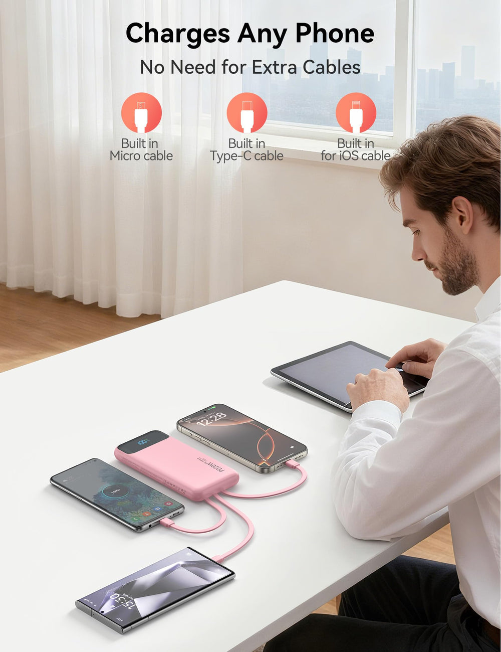 Nusyddy primeros planos de puertos USB-A y USB-C evidenciando múltiples salidas simultáneas
