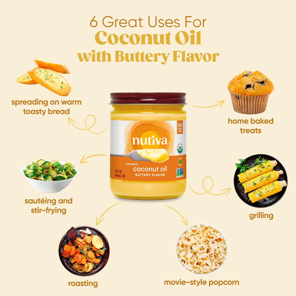Nutiva aceite vertiéndose sobre pancakes para sabor mantecoso