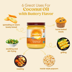 Nutiva aceite vertiéndose sobre pancakes para sabor mantecoso