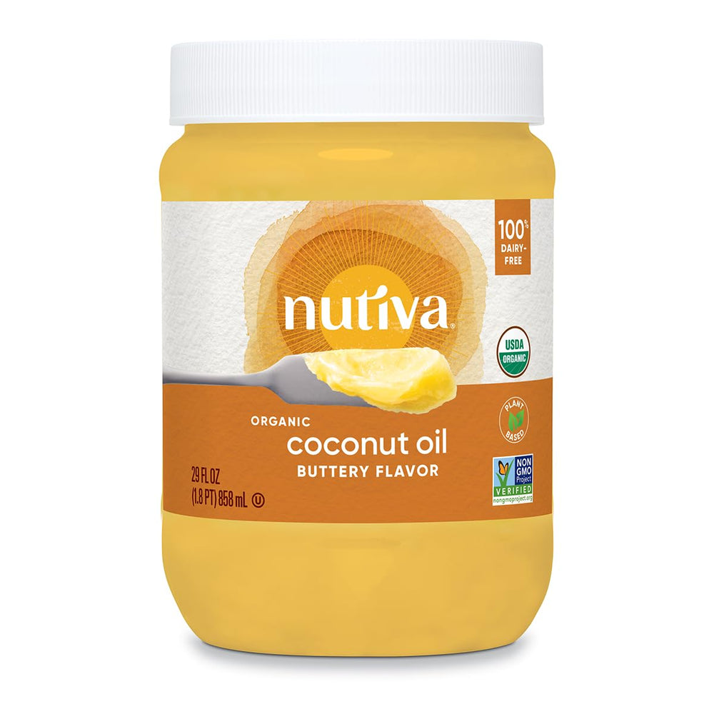 Nutiva envase frontal mostrando sabor mantequilla y certificaciones