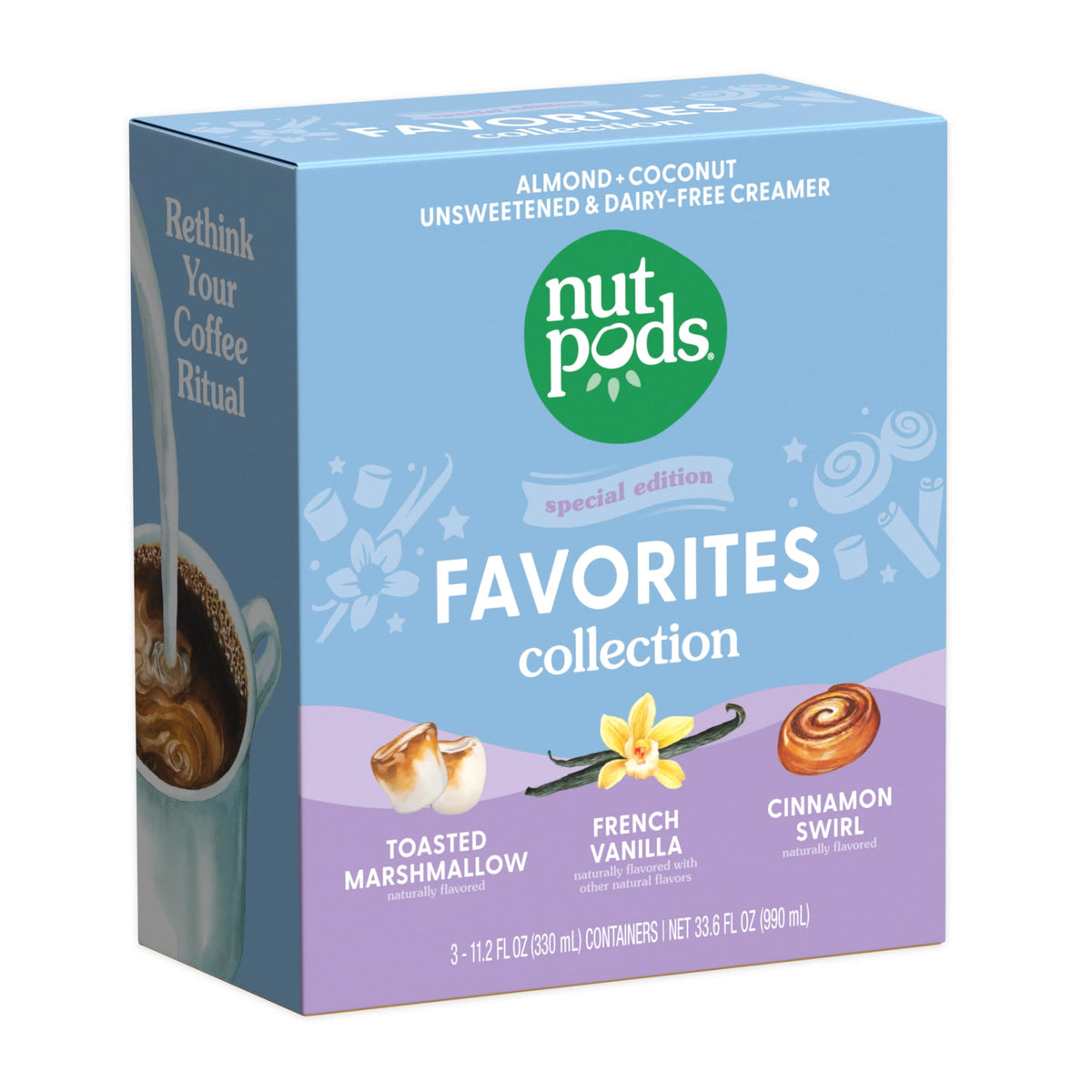 nutpods pack frontal mostrando las tres cremas y conveniencia para el café