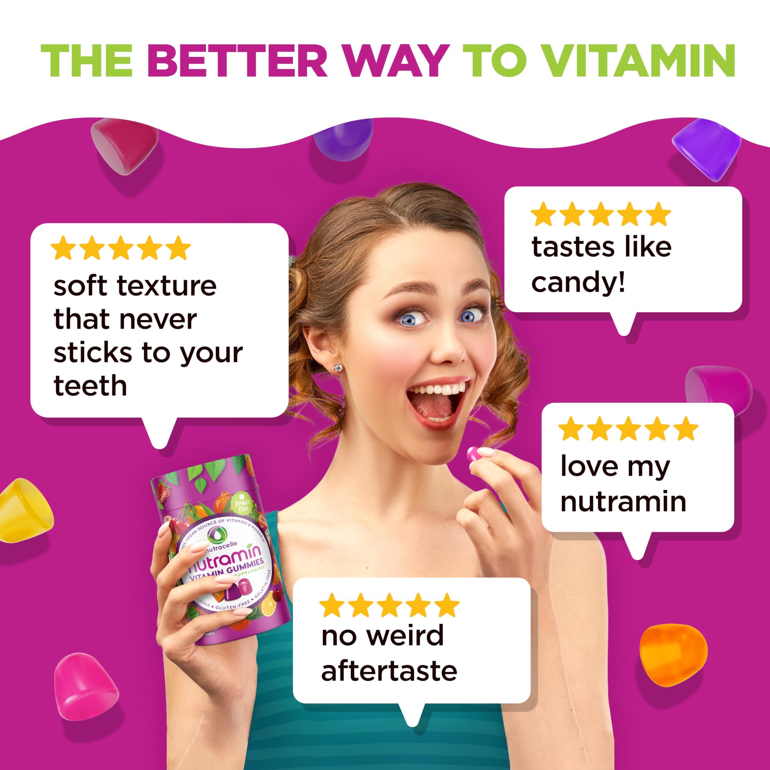Nutracelle persona tomando una gomita Nutramin en entorno cotidiano