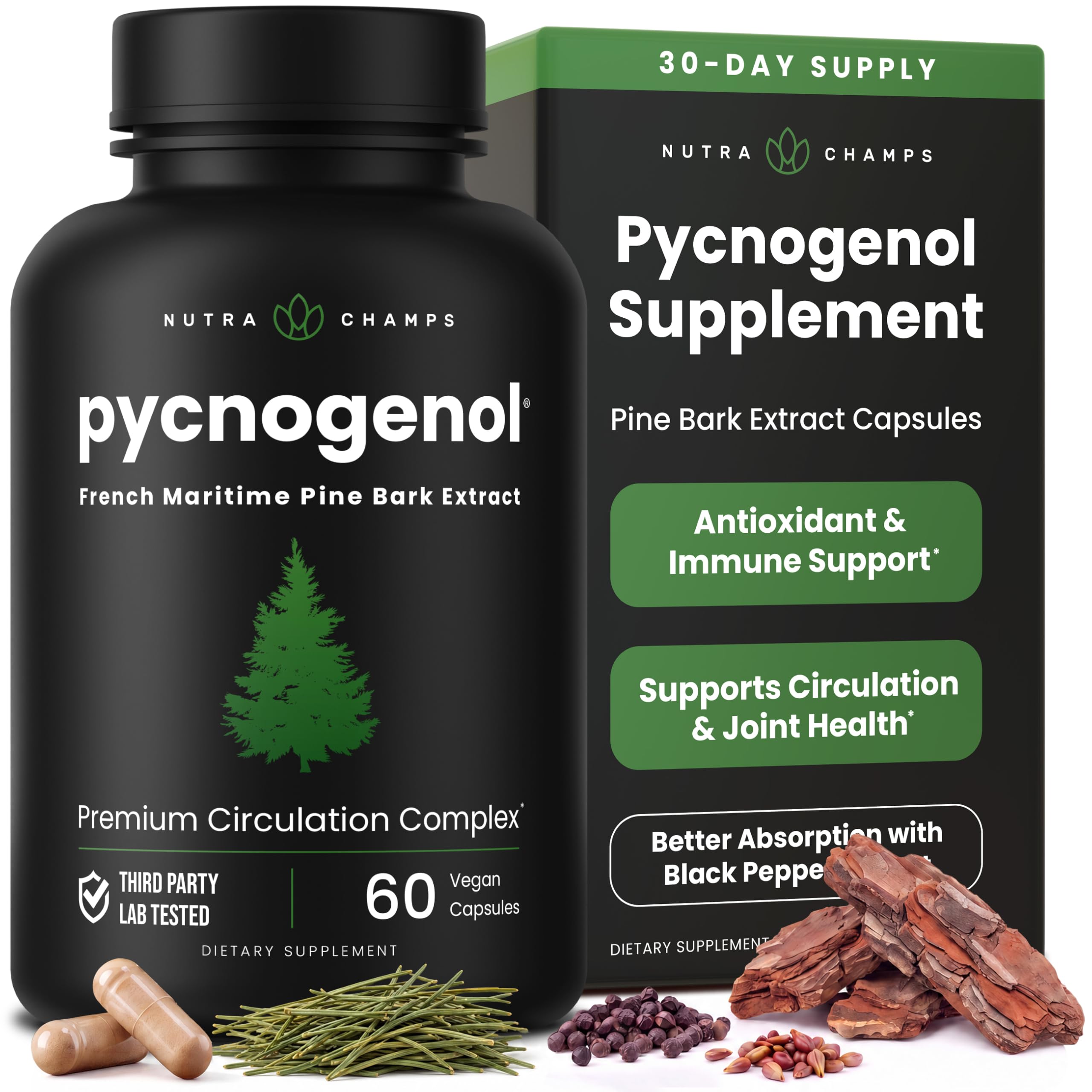 NutraChamps frasco frontal mostrando la etiqueta y beneficios de circulación