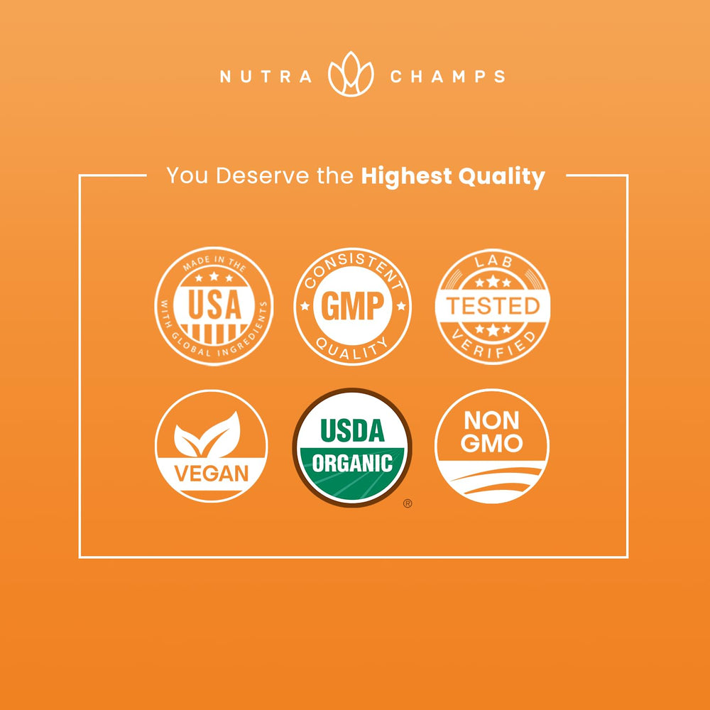 NutraChamps etiqueta con sellos USDA Organic y cGMP para confianza de calidad