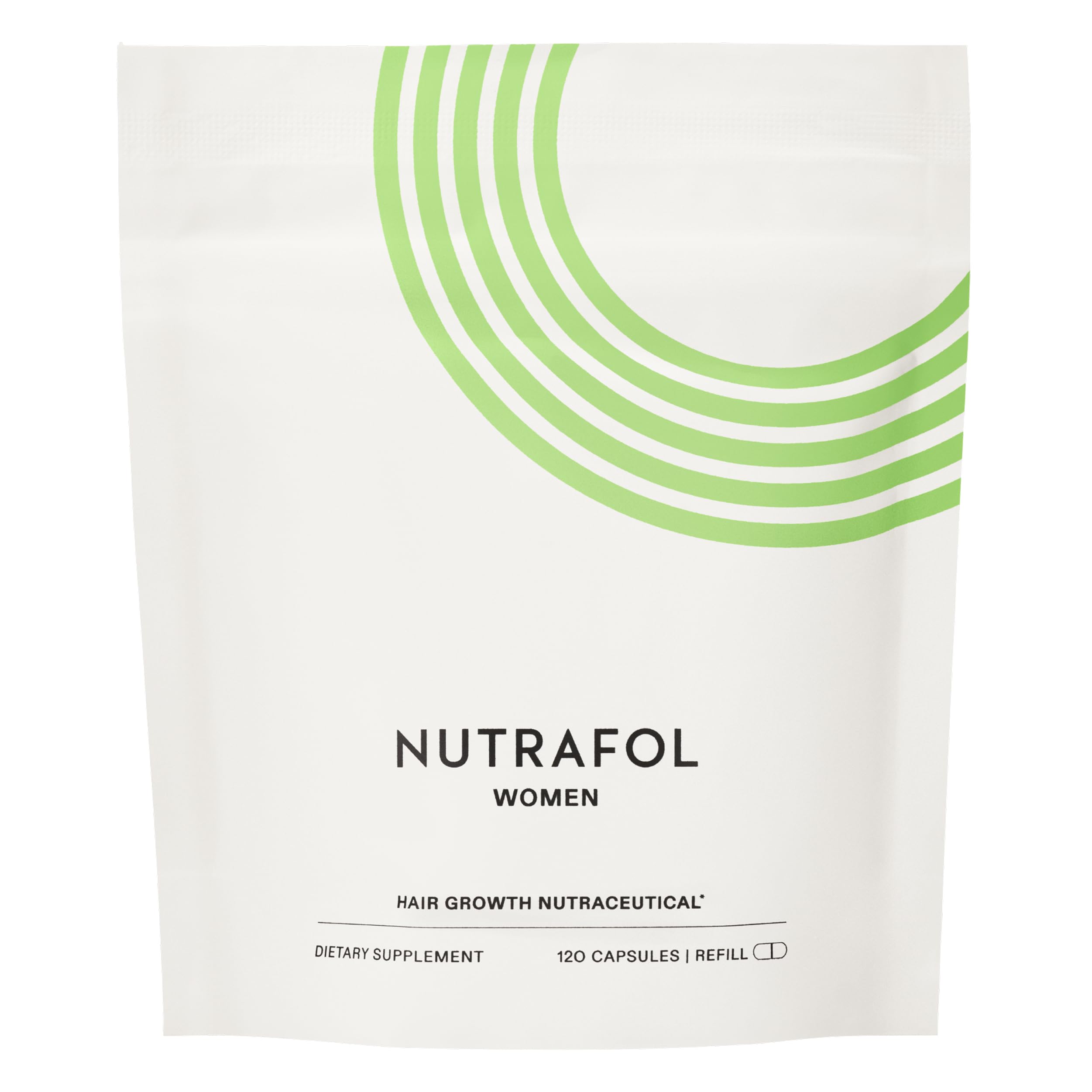 Nutrafol bolsa recarga frontal mostrando empaque sostenible y beneficios
