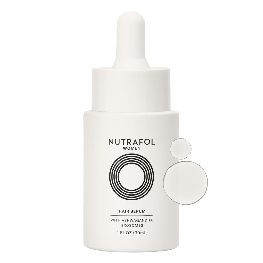 Nutrafol botella frontal mostrando el diseño y beneficio de densidad