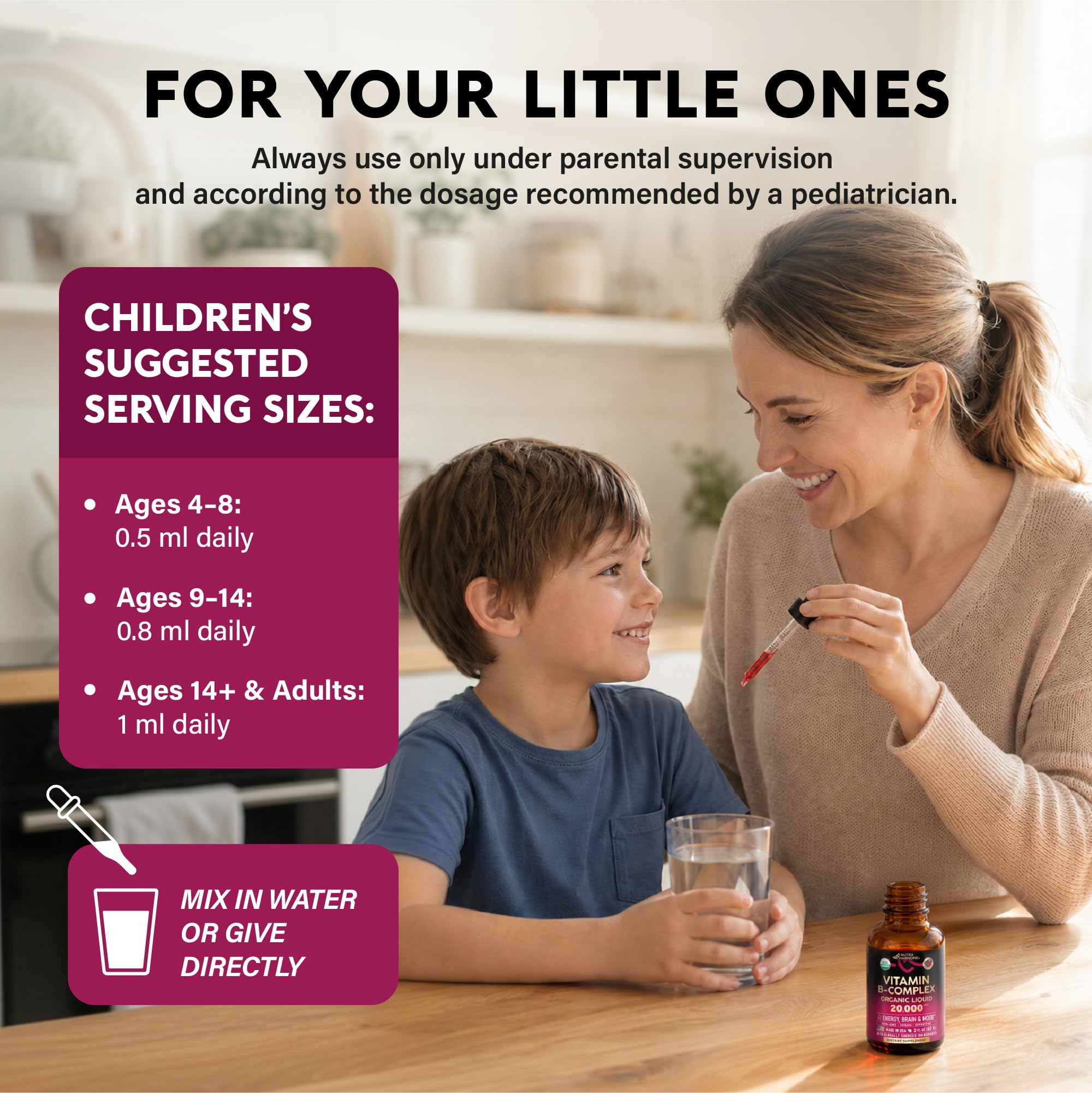 NUTRAHARMONY botella abierta mostrando el cuentagotas seguro