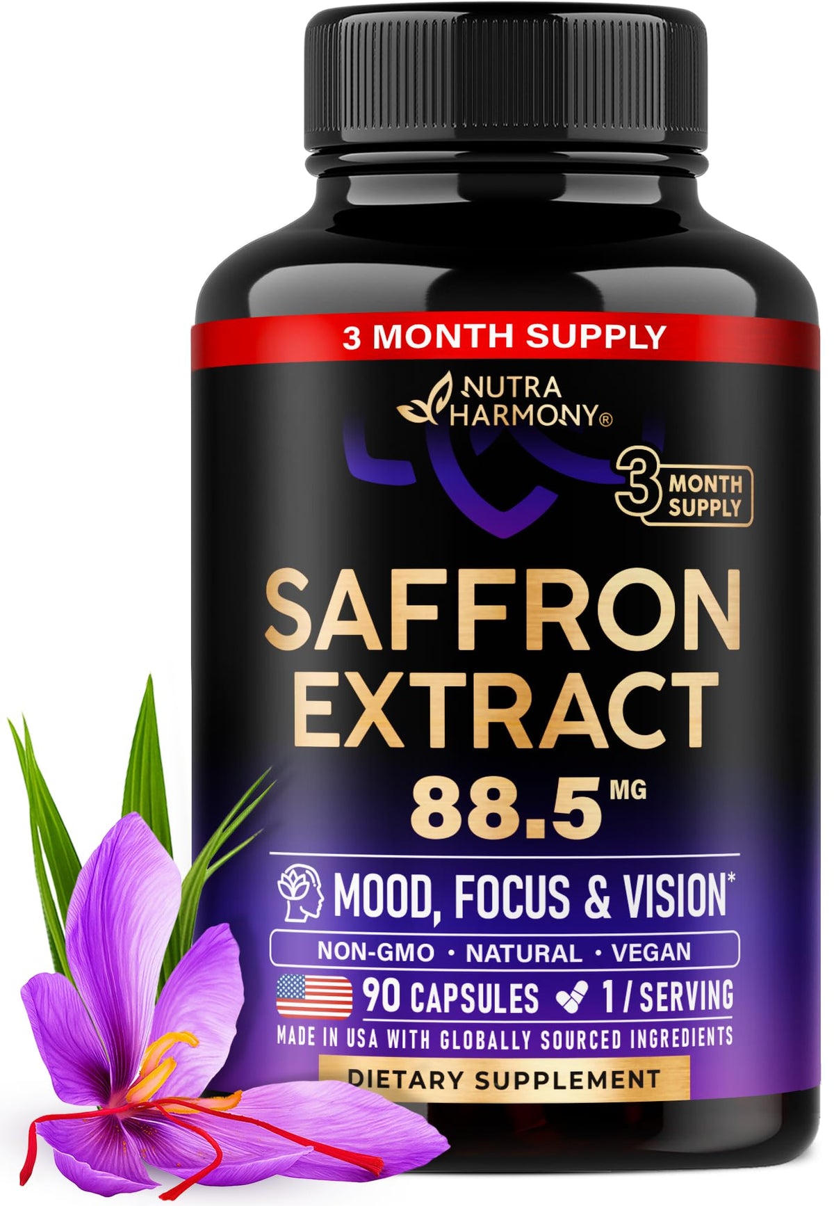 NUTRAHARMONY frasco frontal de azafrán mostrando etiqueta y beneficios
