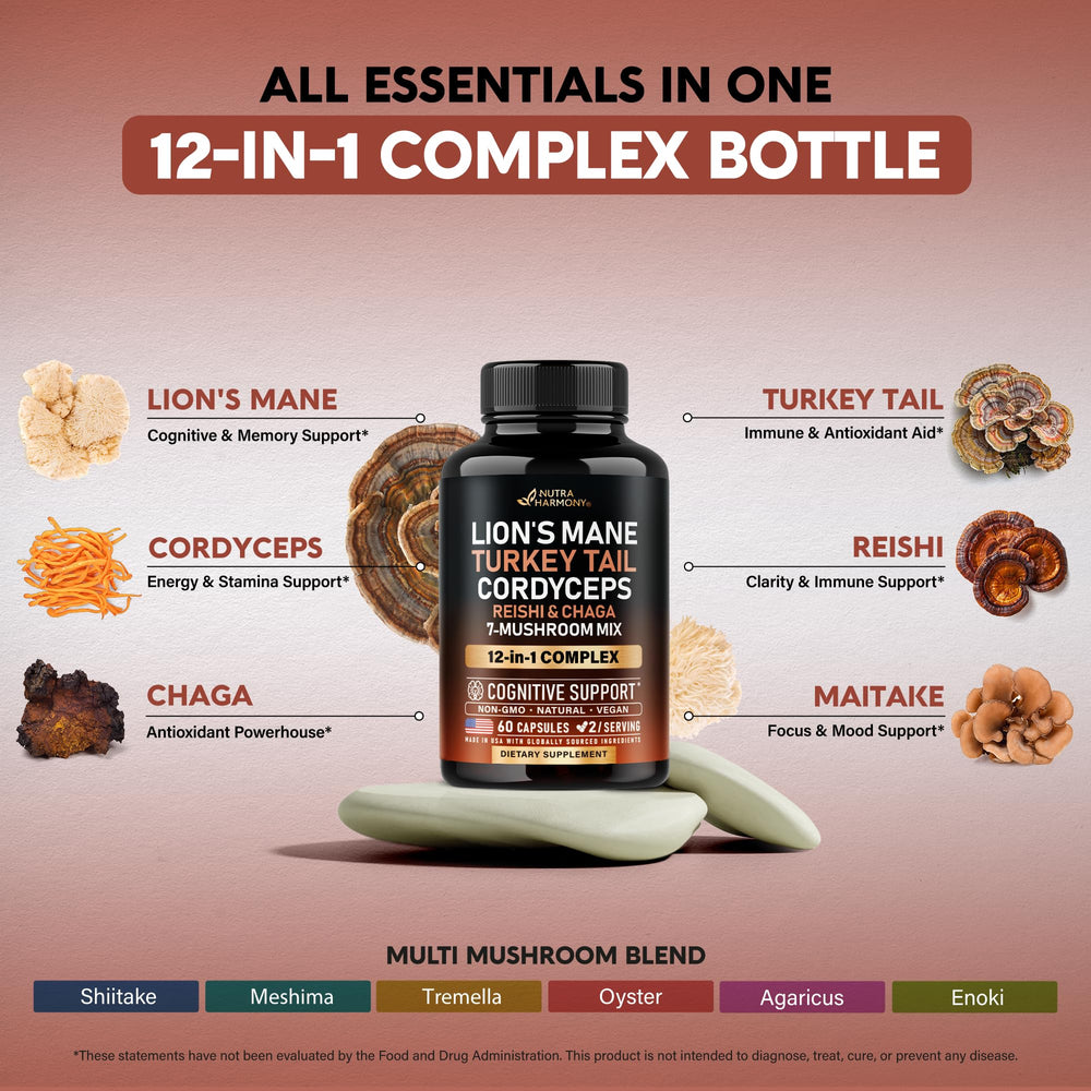 NUTRAHARMONY mezcla de hongos secos que ilustra la variedad de especies incluidas
