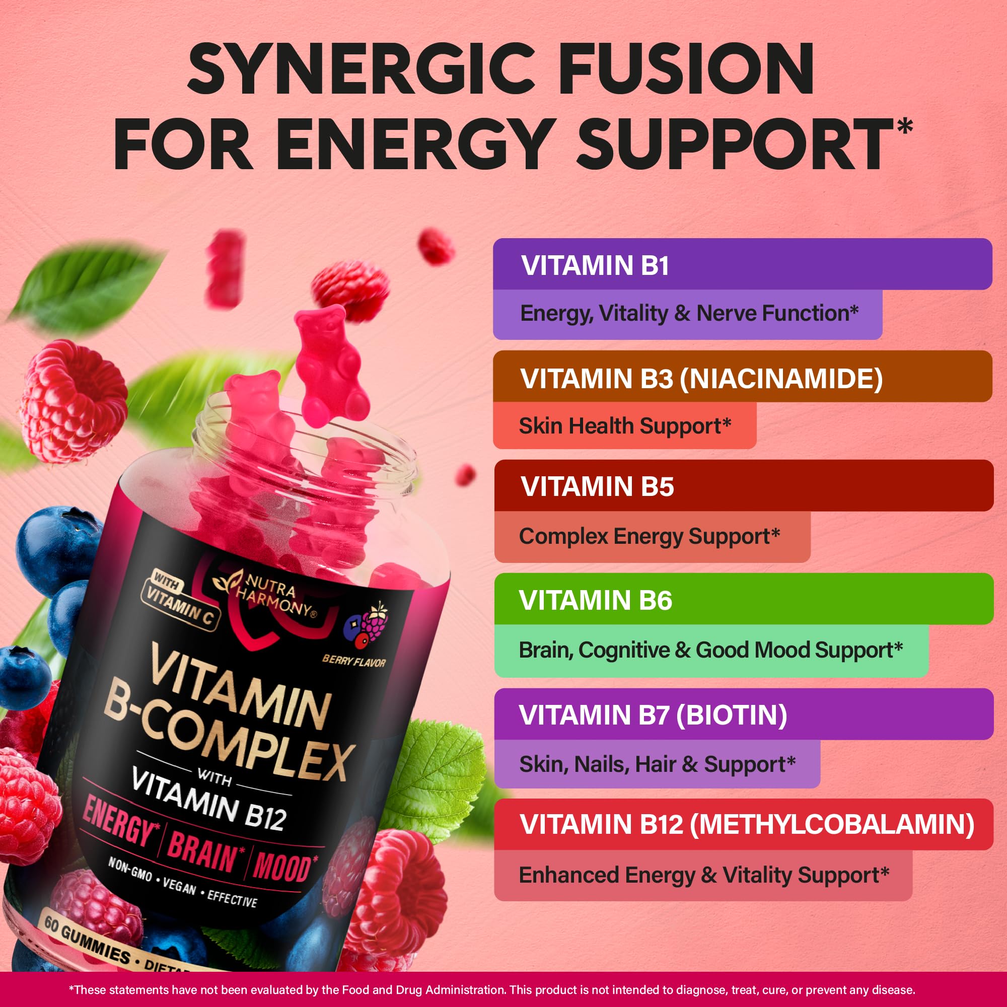 NUTRAHARMONY etiqueta con lista de vitaminas B y complementos, detalle informativo