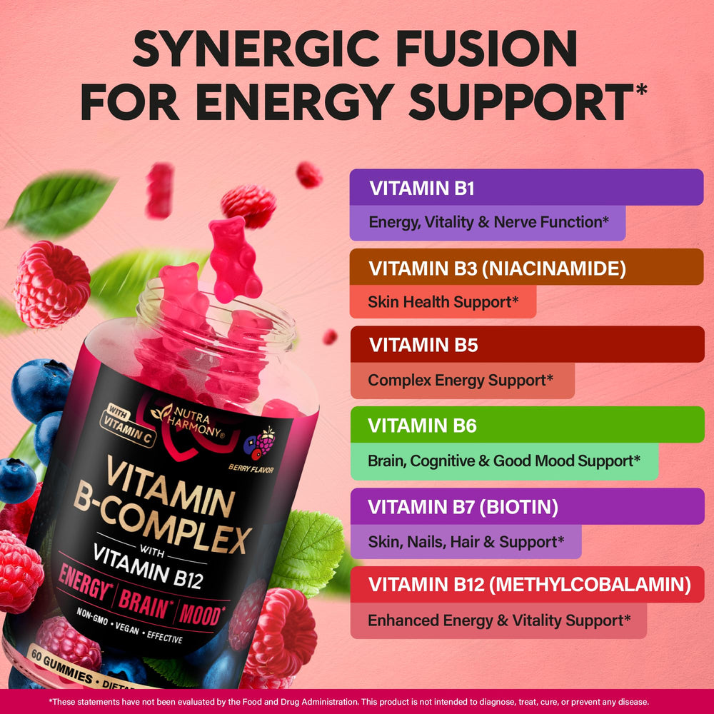 NUTRAHARMONY etiqueta con lista de vitaminas B y complementos, detalle informativo