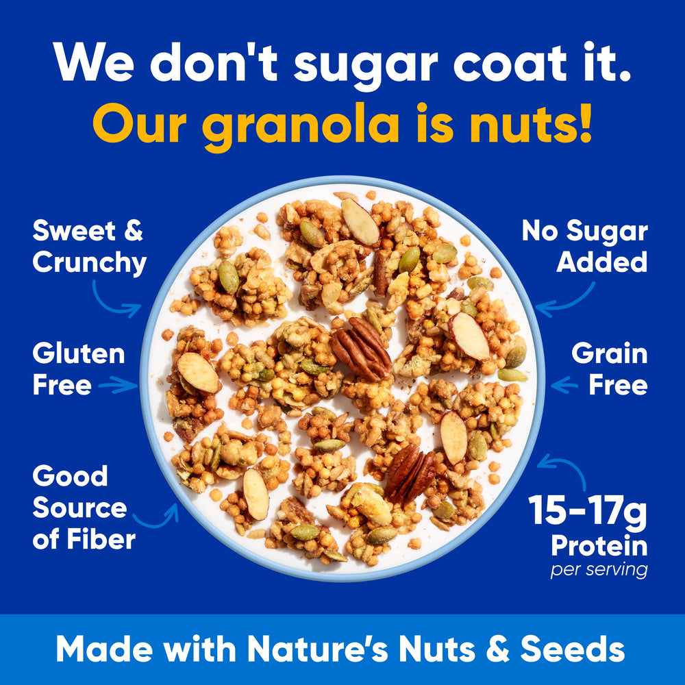 NuTrail granola servida en tazón con leche para desayuno proteico y saciante