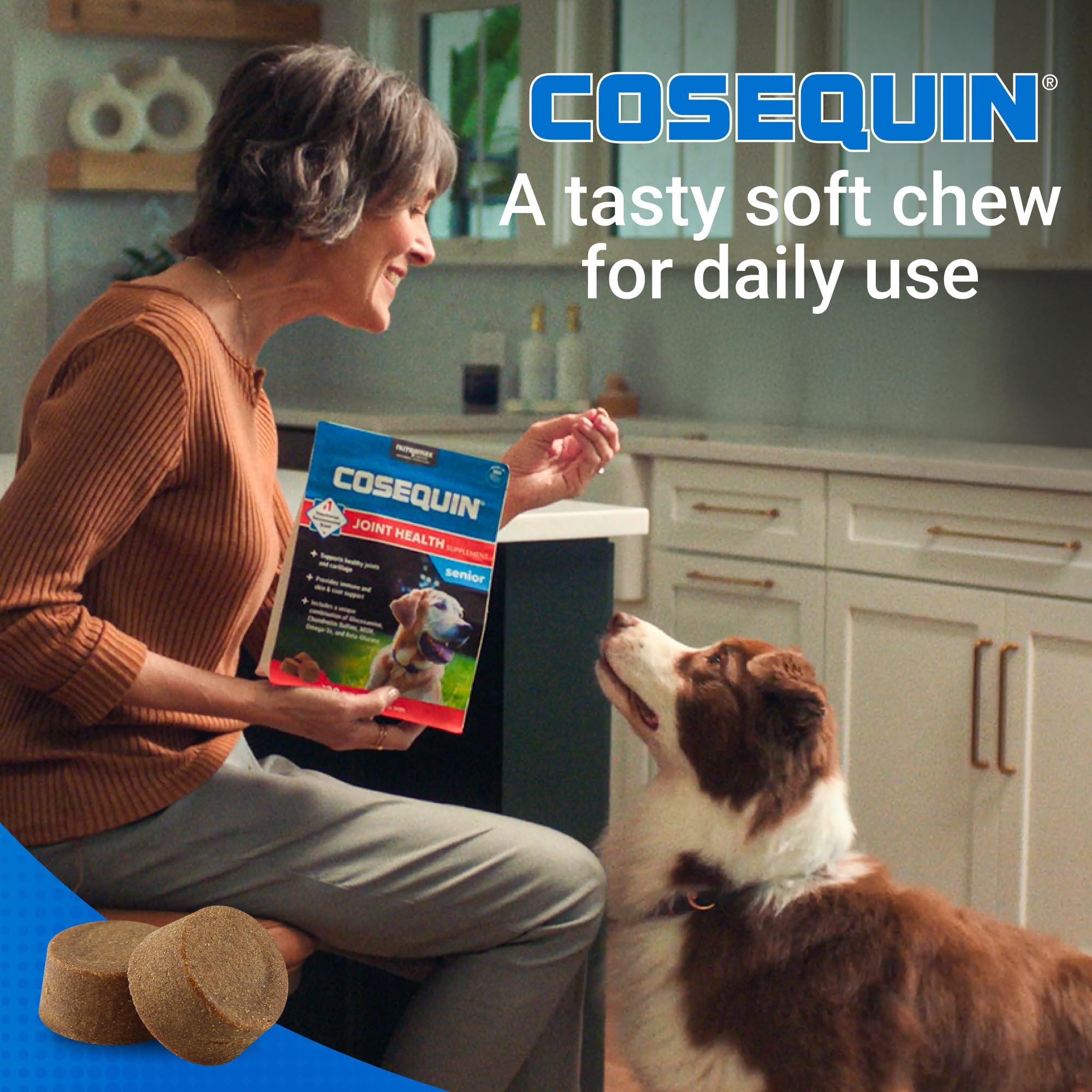Nutramax Cosequin chews in hand demonstrating easy daily dosing benefit