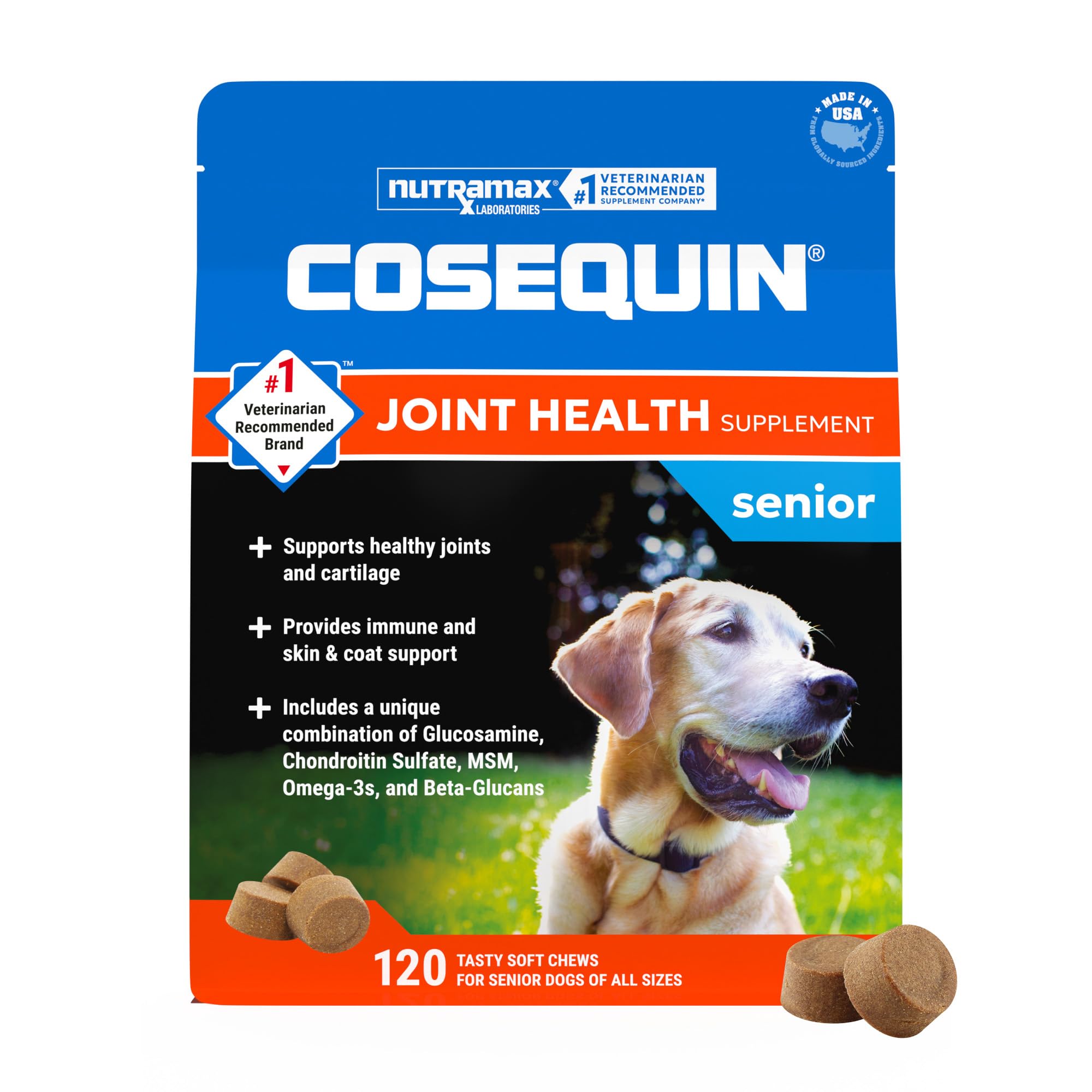 Nutramax Cosequin envase frontal mostrando 120 soft chews, práctico para administración