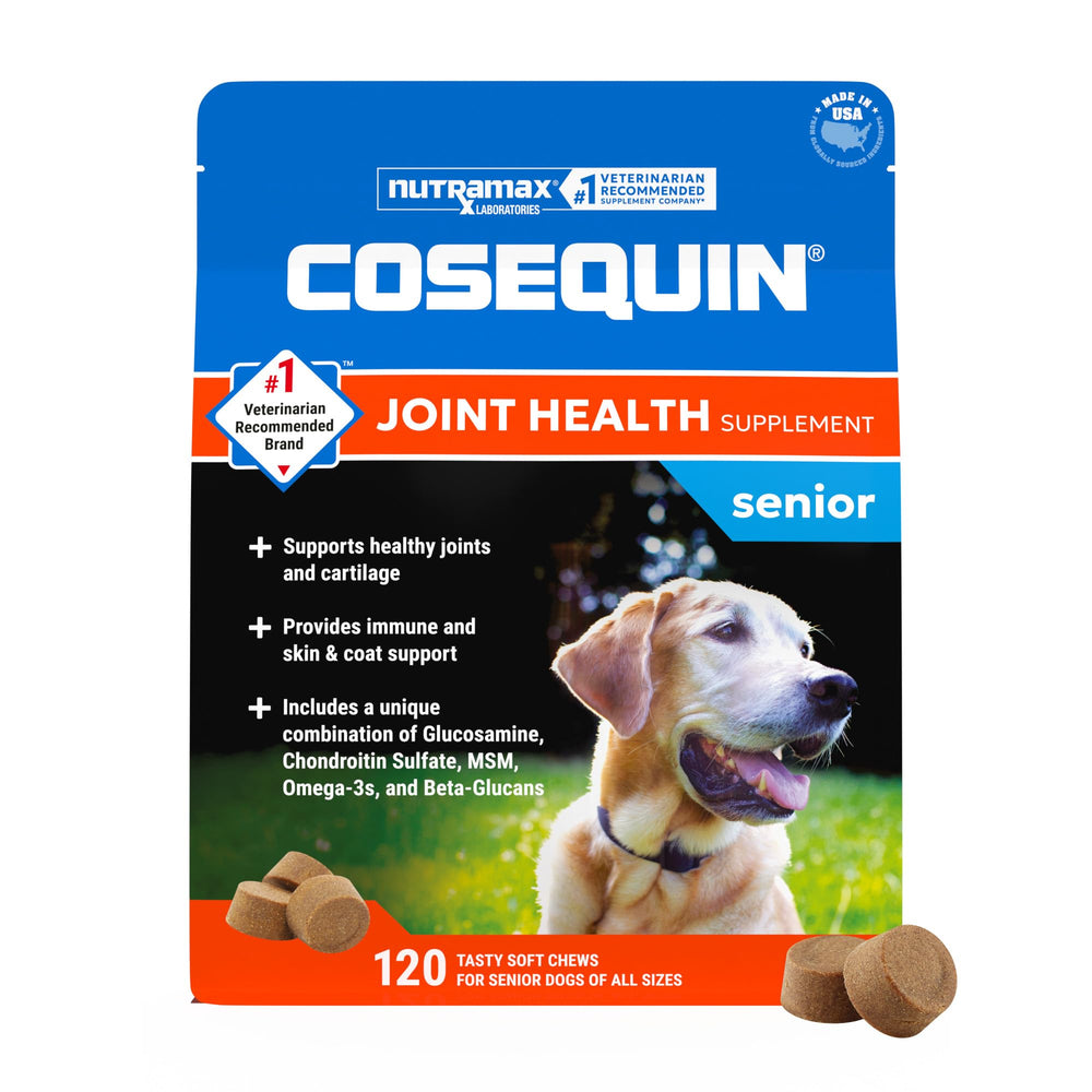 Nutramax Cosequin envase frontal mostrando 120 soft chews, práctico para administración